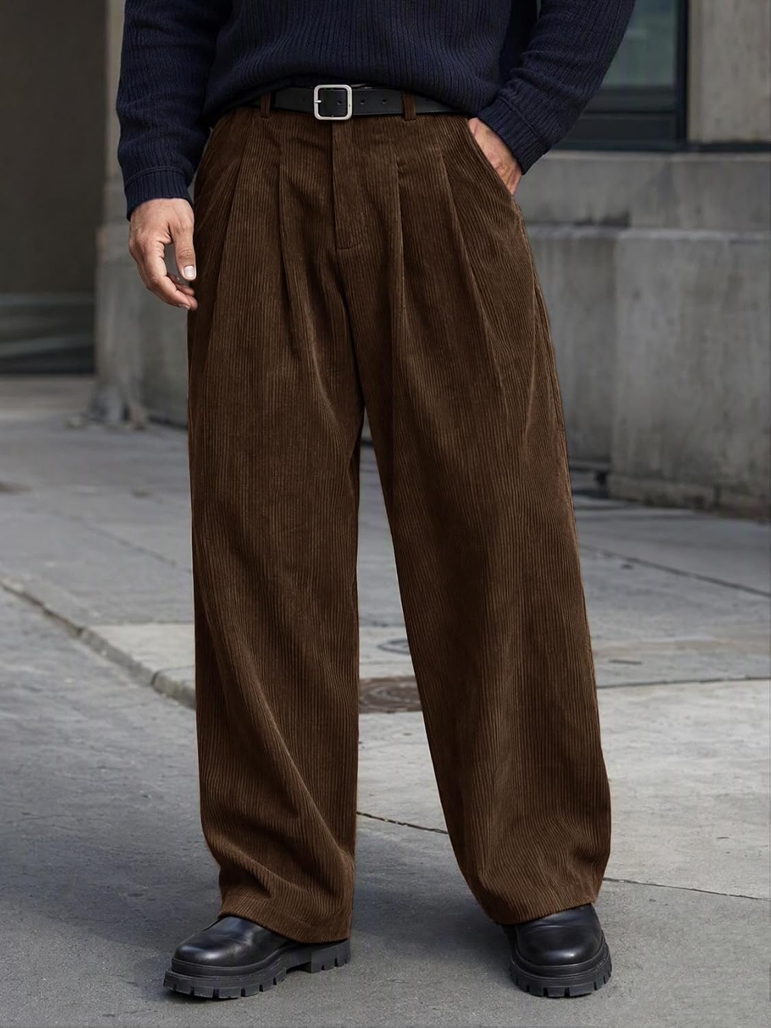 image:imageRuncati Mens Corduroy Baggy Pants Wide Leg Casual Fall Winter SlacksBrown