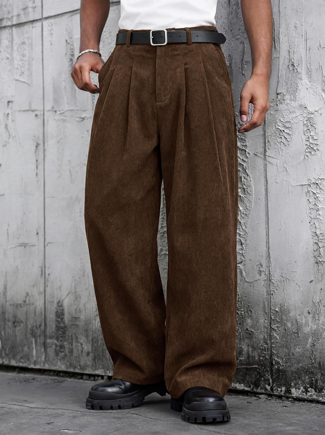 image:imageRuncati Mens Corduroy Baggy Pants Wide Leg Casual Fall Winter SlacksBrown