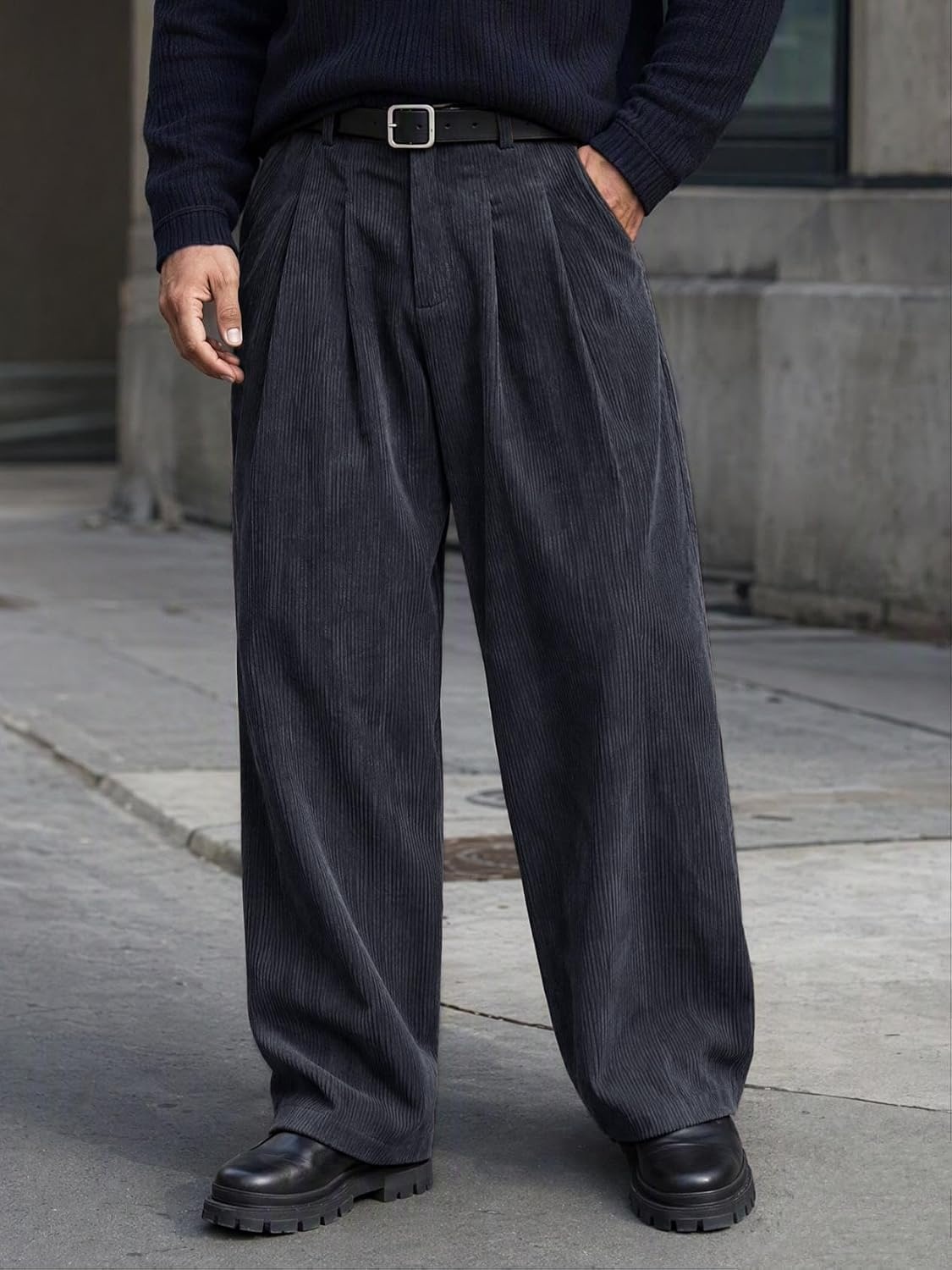 image:imageRuncati Mens Corduroy Baggy Pants Wide Leg Casual Fall Winter SlacksDark Grey