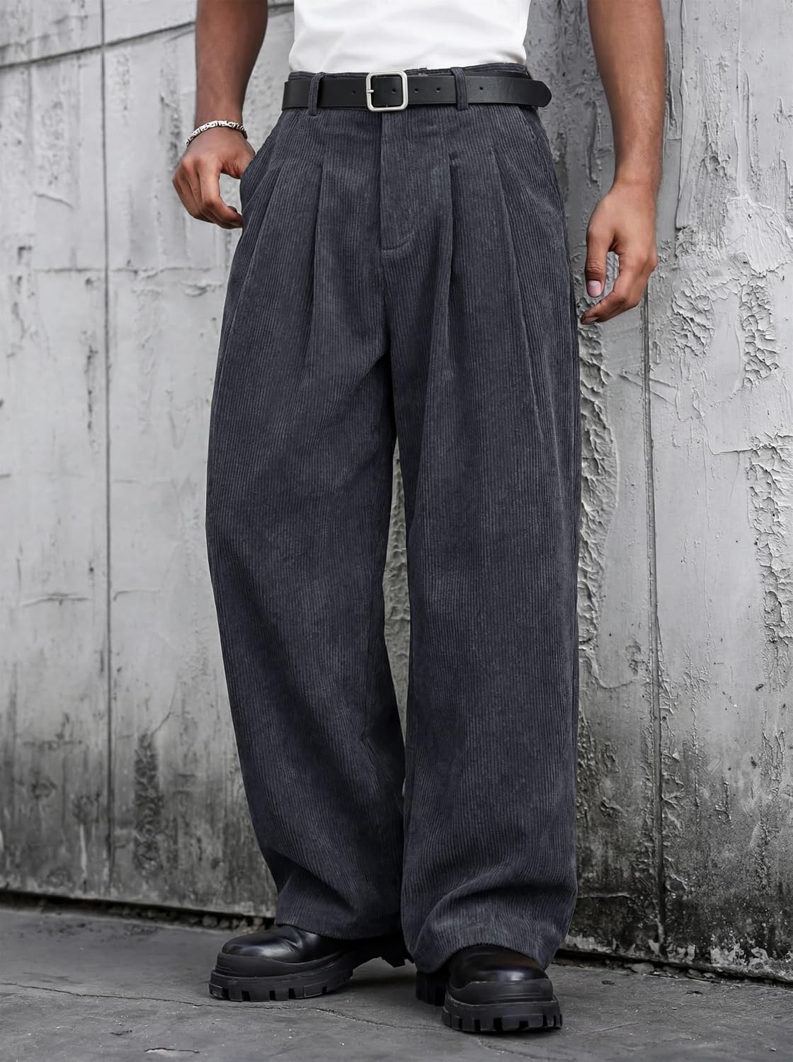 image:imageRuncati Mens Corduroy Baggy Pants Wide Leg Casual Fall Winter SlacksDark Grey