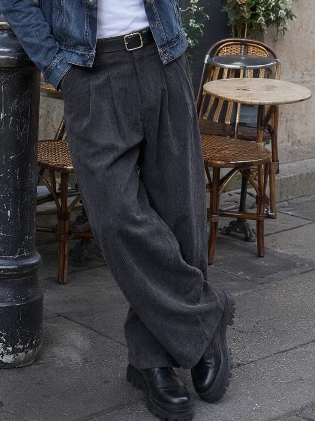 image:imageRuncati Mens Corduroy Baggy Pants Wide Leg Casual Fall Winter SlacksDark Grey