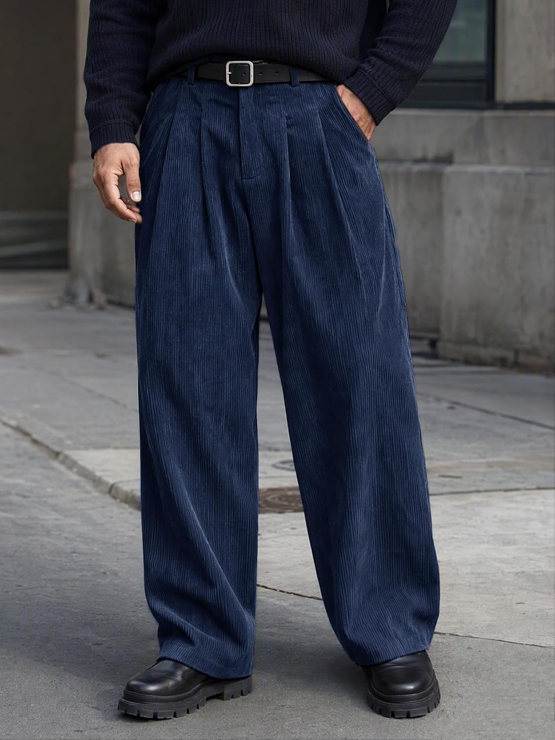 image:imageRuncati Mens Corduroy Baggy Pants Wide Leg Casual Fall Winter SlacksNavy