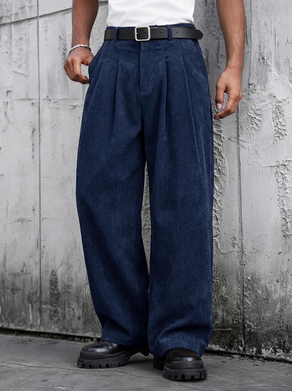 image:imageRuncati Mens Corduroy Baggy Pants Wide Leg Casual Fall Winter SlacksNavy
