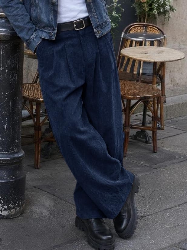 image:imageRuncati Mens Corduroy Baggy Pants Wide Leg Casual Fall Winter SlacksNavy