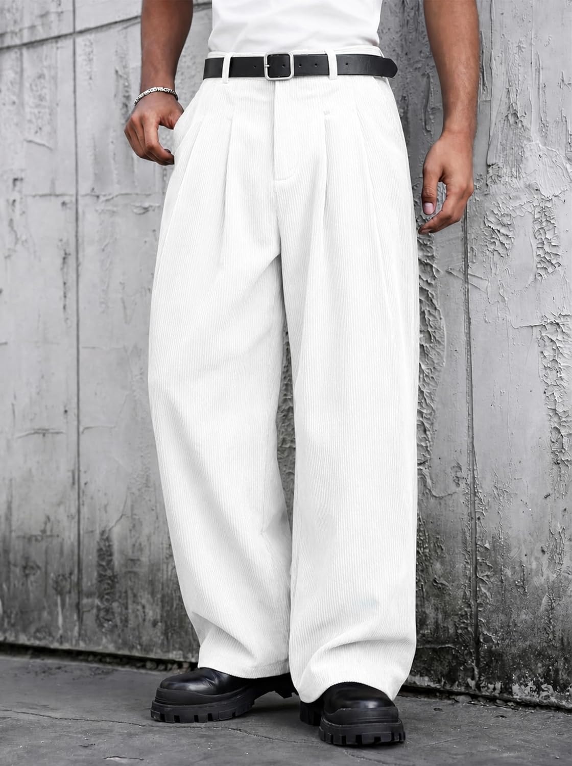 image:imageRuncati Mens Corduroy Baggy Pants Wide Leg Casual Fall Winter SlacksWhite