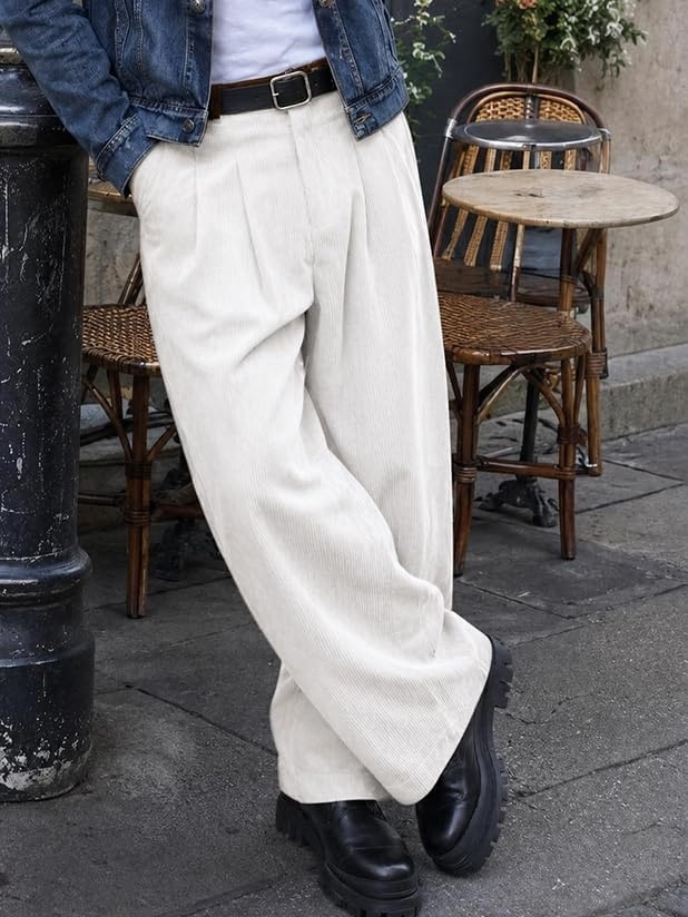 image:imageRuncati Mens Corduroy Baggy Pants Wide Leg Casual Fall Winter SlacksWhite