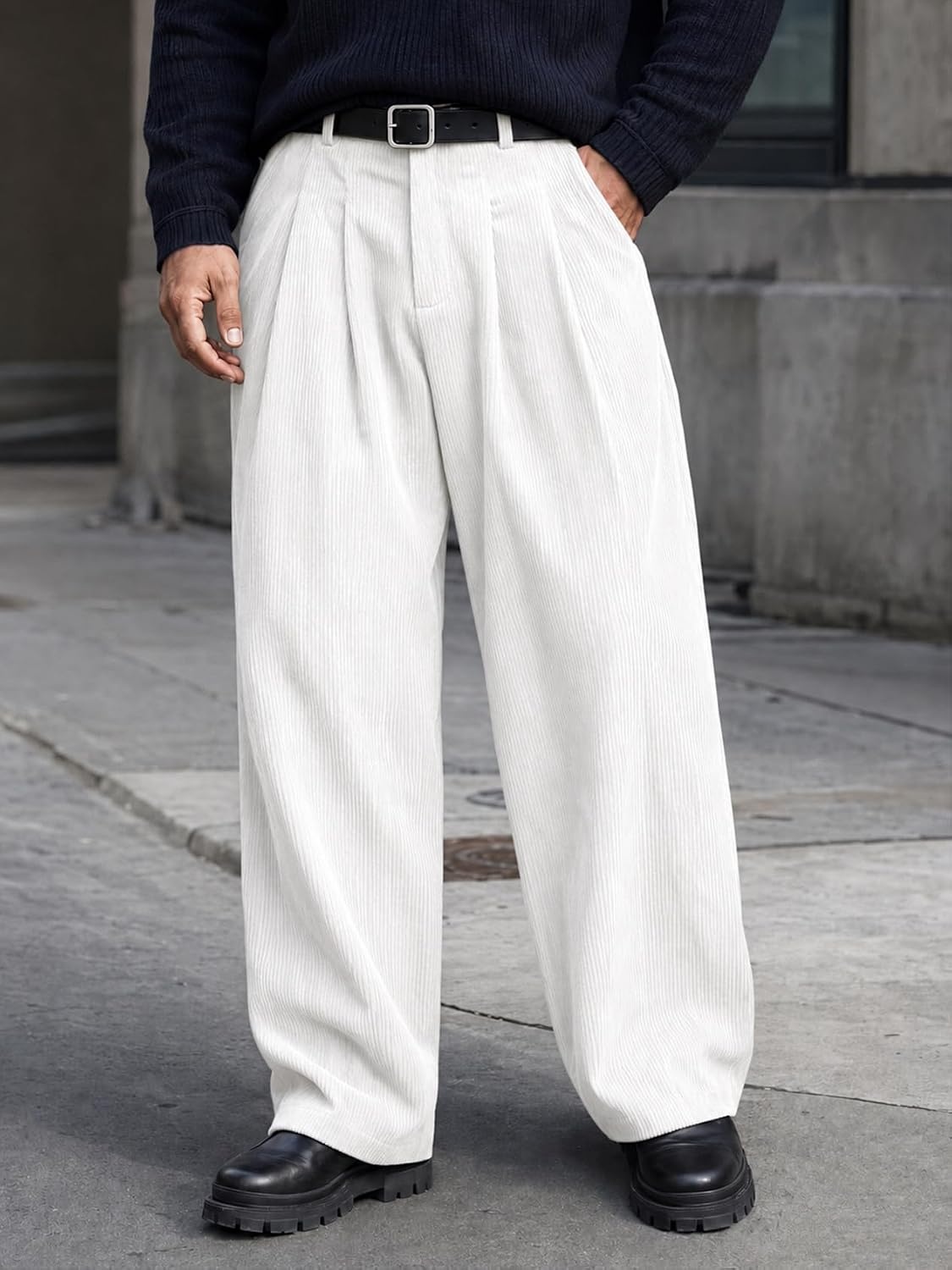 image:imageRuncati Mens Corduroy Baggy Pants Wide Leg Casual Fall Winter SlacksWhite