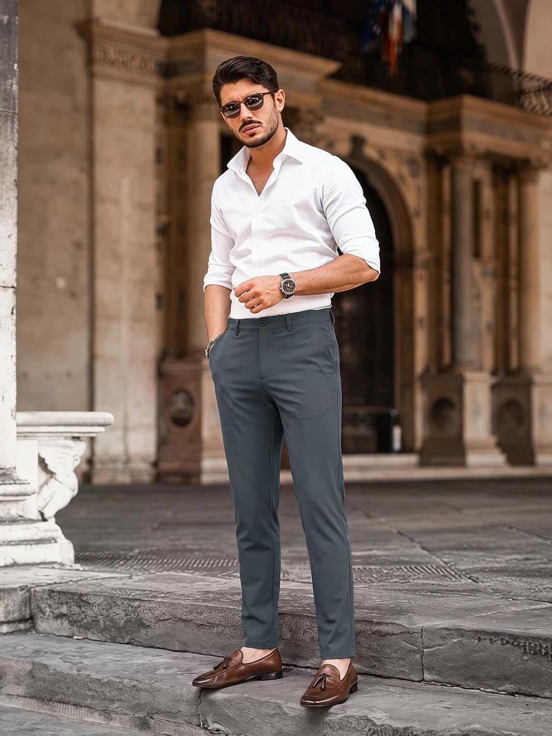 image:imageRuncati Mens Lightweight Dress Pants Slacks Stretch Trousers 303234Dark Grey