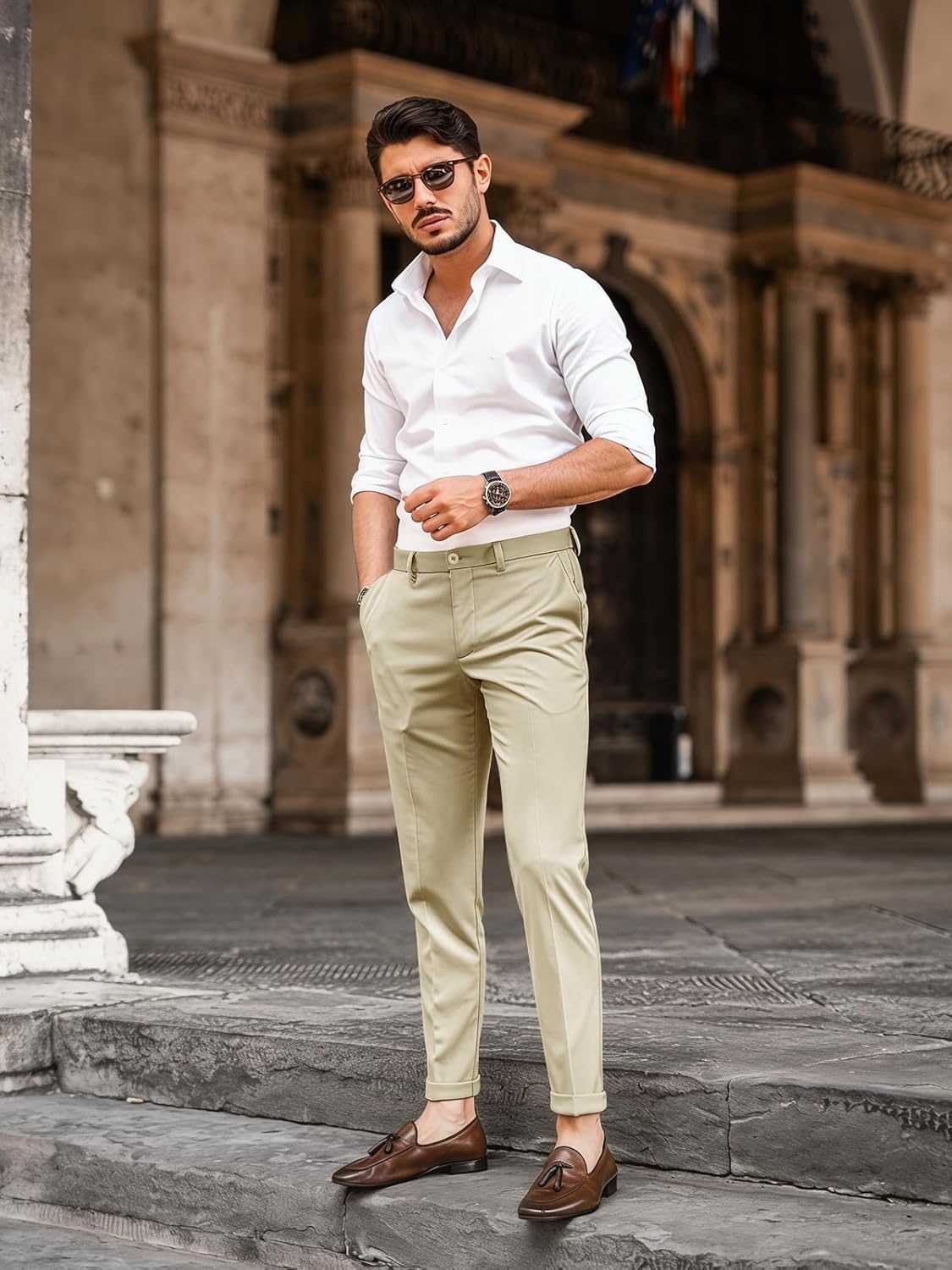 image:imageRuncati Mens Lightweight Dress Pants Slacks Stretch Trousers 303234Khaki
