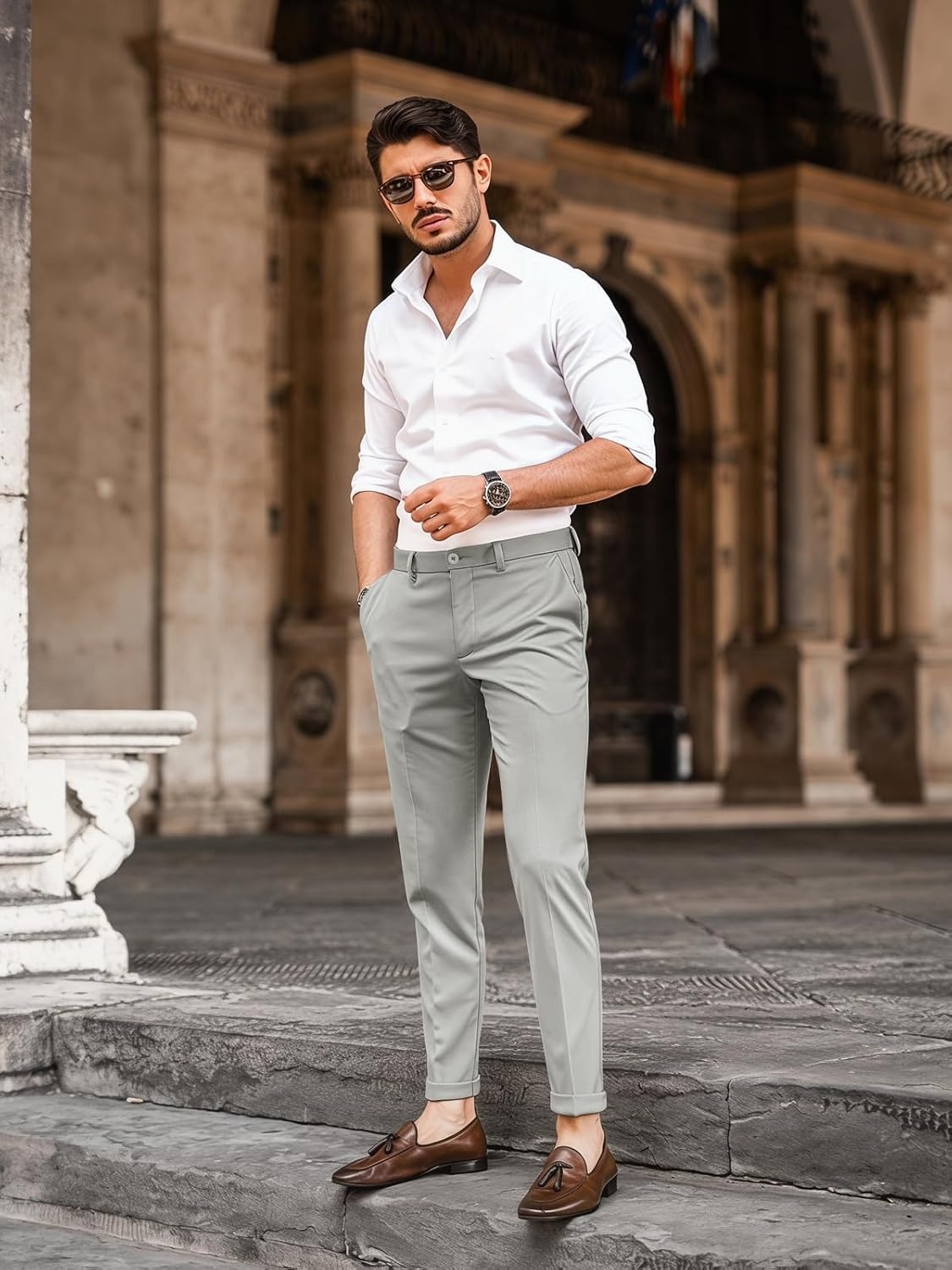 image:imageRuncati Mens Lightweight Dress Pants Slacks Stretch Trousers 303234Light Grey