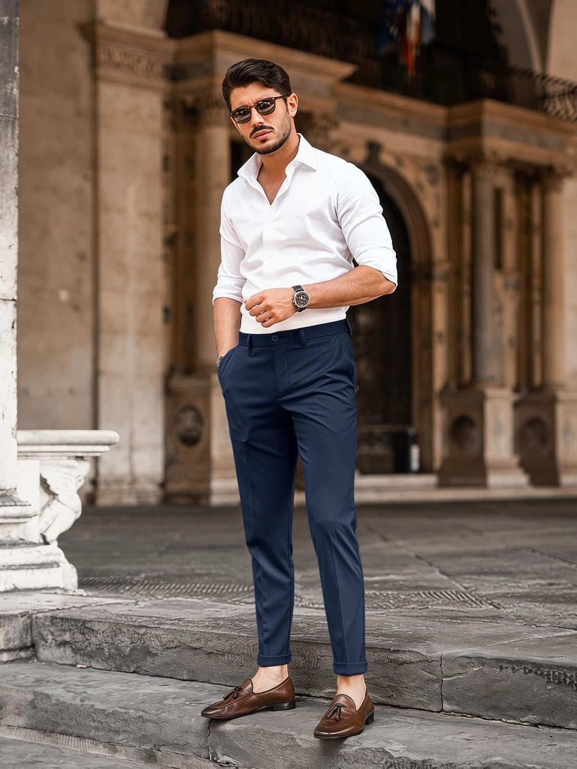 image:imageRuncati Mens Lightweight Dress Pants Slacks Stretch Trousers 303234Navy