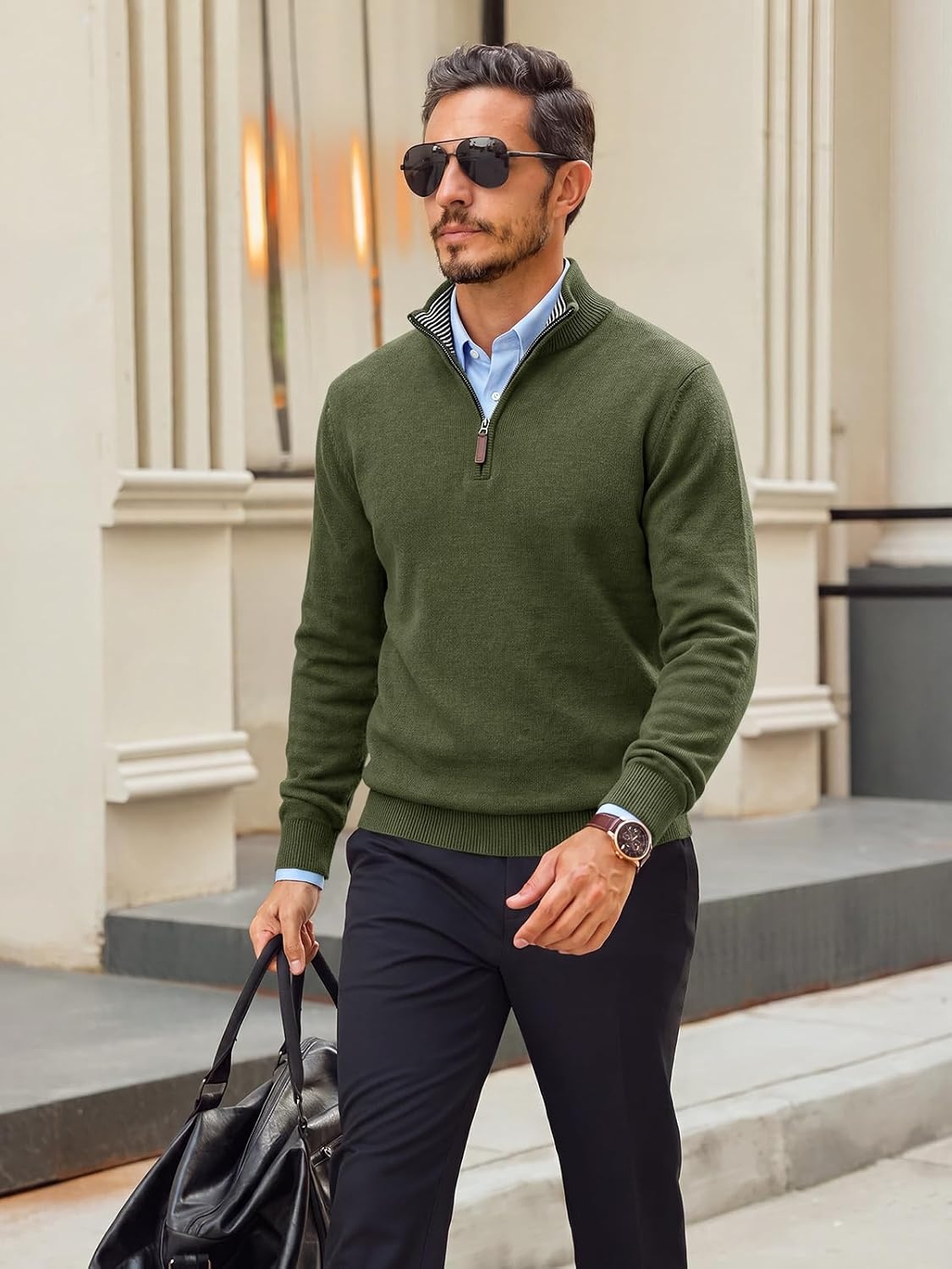 image:imageRuncati Mens Quarter Zip Pullover Sweater Casual Mock Neck Polo SweatersArmy Green