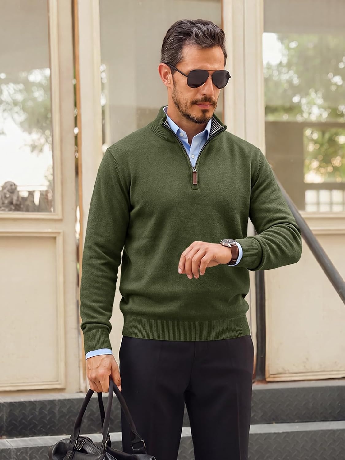 image:imageRuncati Mens Quarter Zip Pullover Sweater Casual Mock Neck Polo SweatersArmy Green