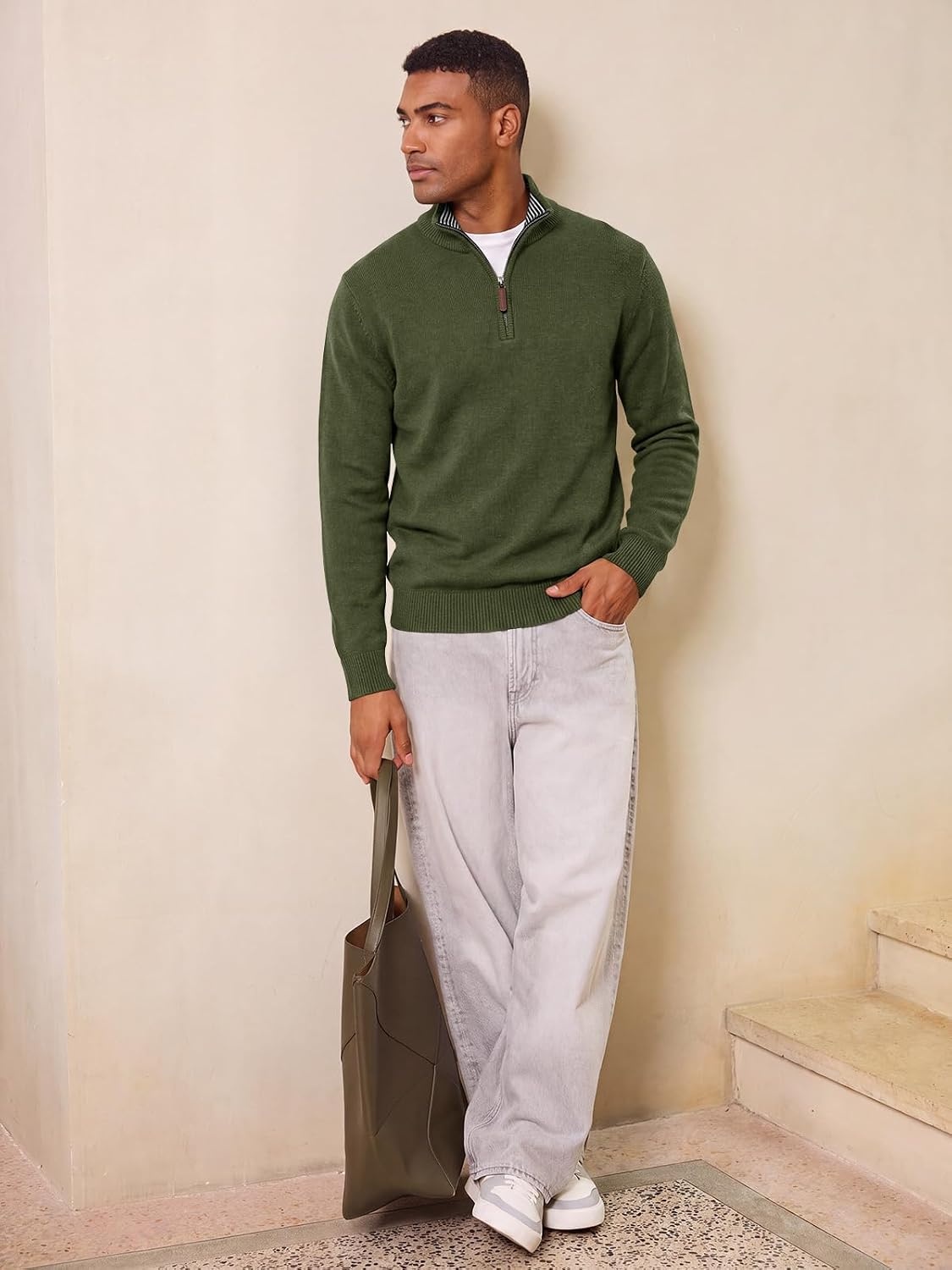 image:imageRuncati Mens Quarter Zip Pullover Sweater Casual Mock Neck Polo SweatersArmy Green