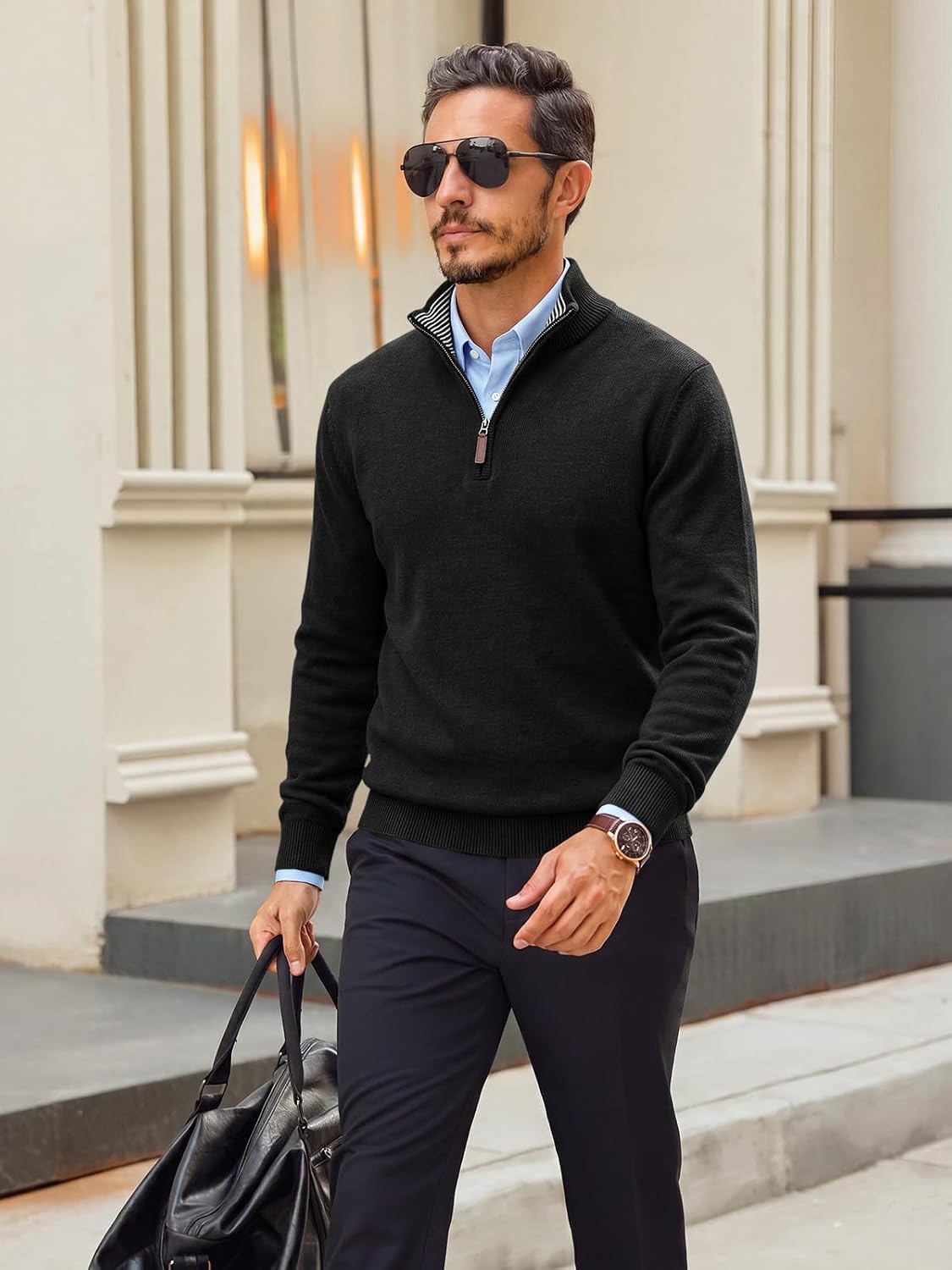 image:imageRuncati Mens Quarter Zip Pullover Sweater Casual Mock Neck Polo SweatersBlack