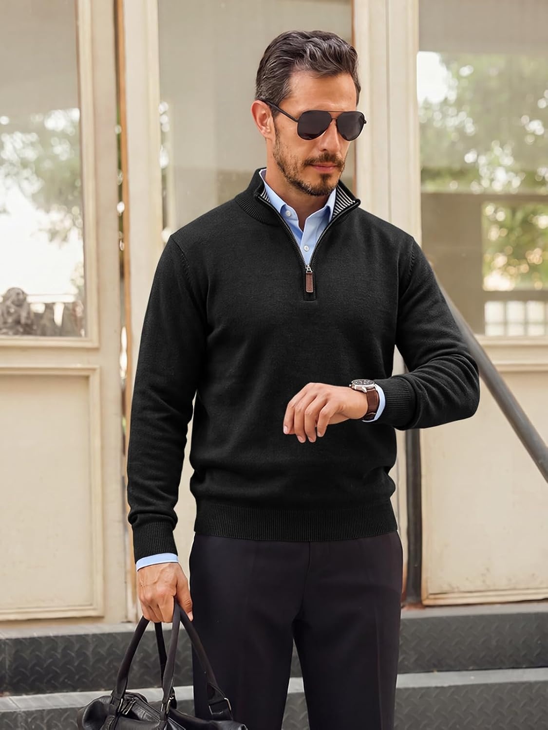 image:imageRuncati Mens Quarter Zip Pullover Sweater Casual Mock Neck Polo SweatersBlack