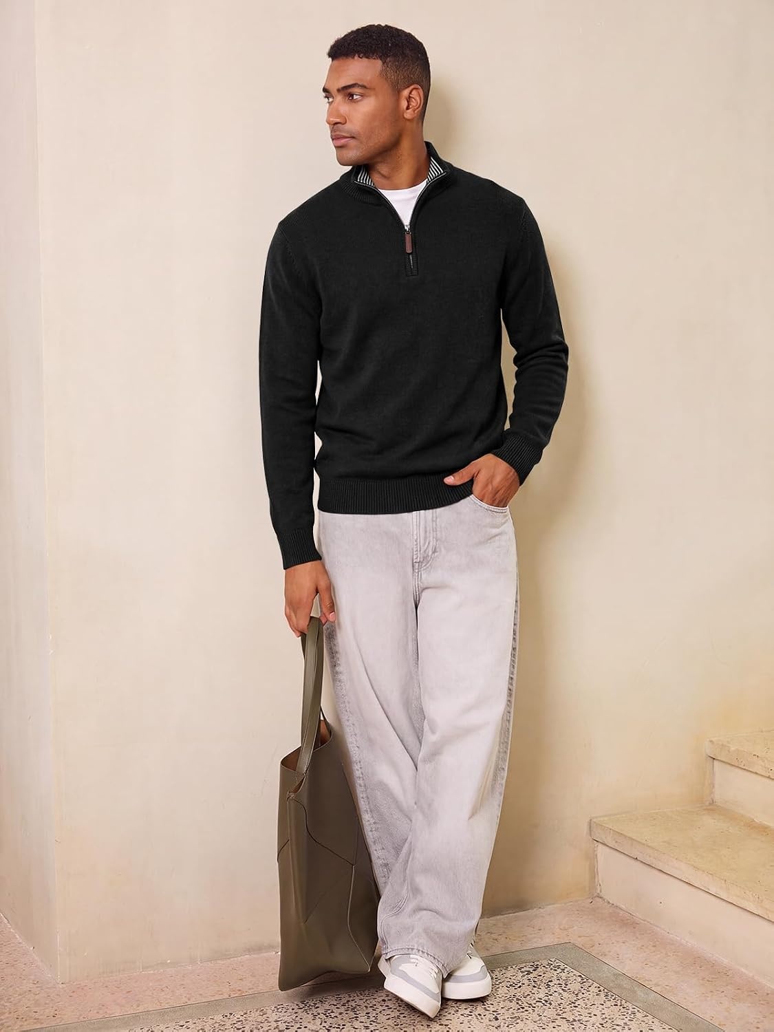 image:imageRuncati Mens Quarter Zip Pullover Sweater Casual Mock Neck Polo SweatersBlack