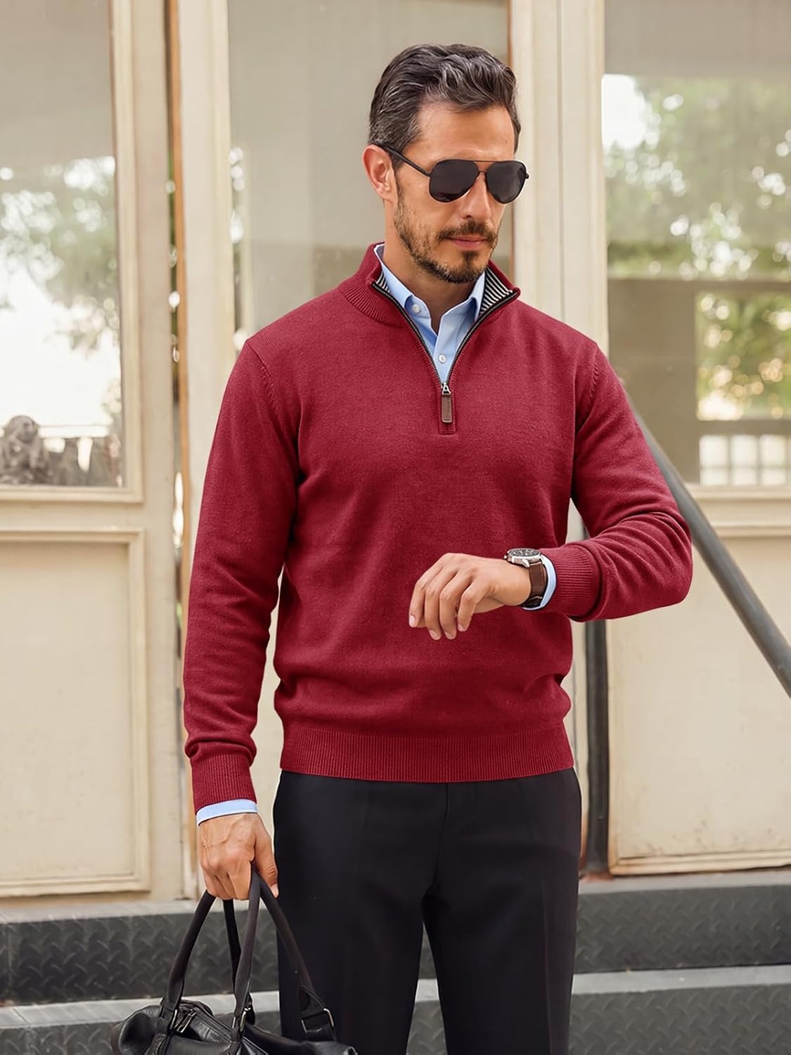 image:imageRuncati Mens Quarter Zip Pullover Sweater Casual Mock Neck Polo SweatersBurgundy