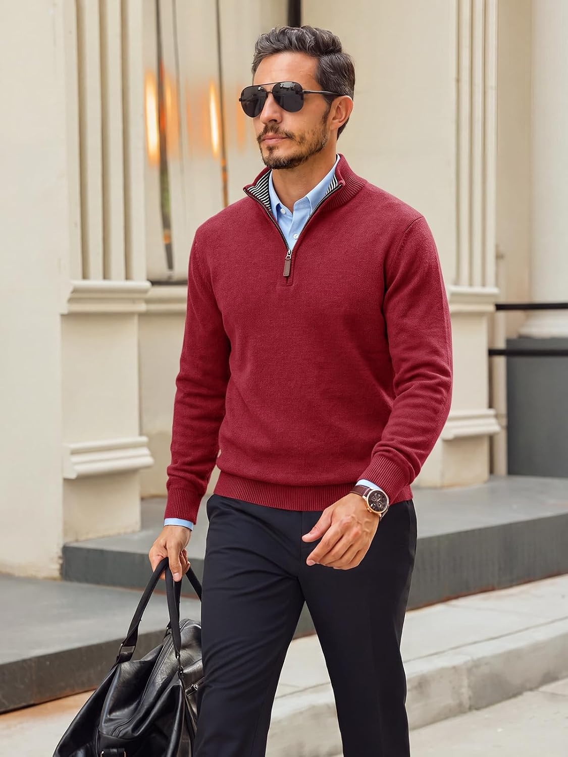 image:imageRuncati Mens Quarter Zip Pullover Sweater Casual Mock Neck Polo SweatersBurgundy