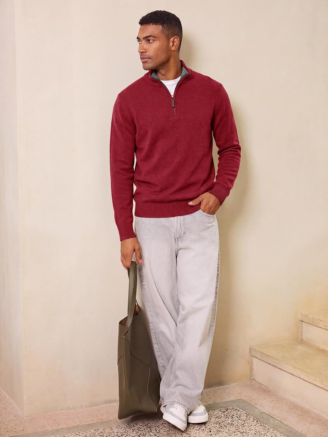 image:imageRuncati Mens Quarter Zip Pullover Sweater Casual Mock Neck Polo SweatersBurgundy
