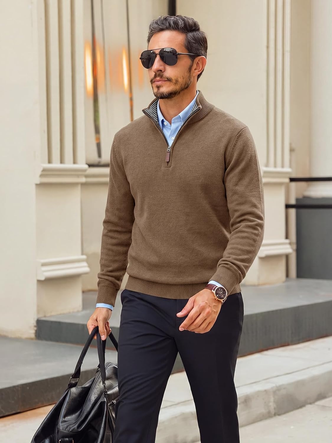 image:imageRuncati Mens Quarter Zip Pullover Sweater Casual Mock Neck Polo SweatersDark Brown