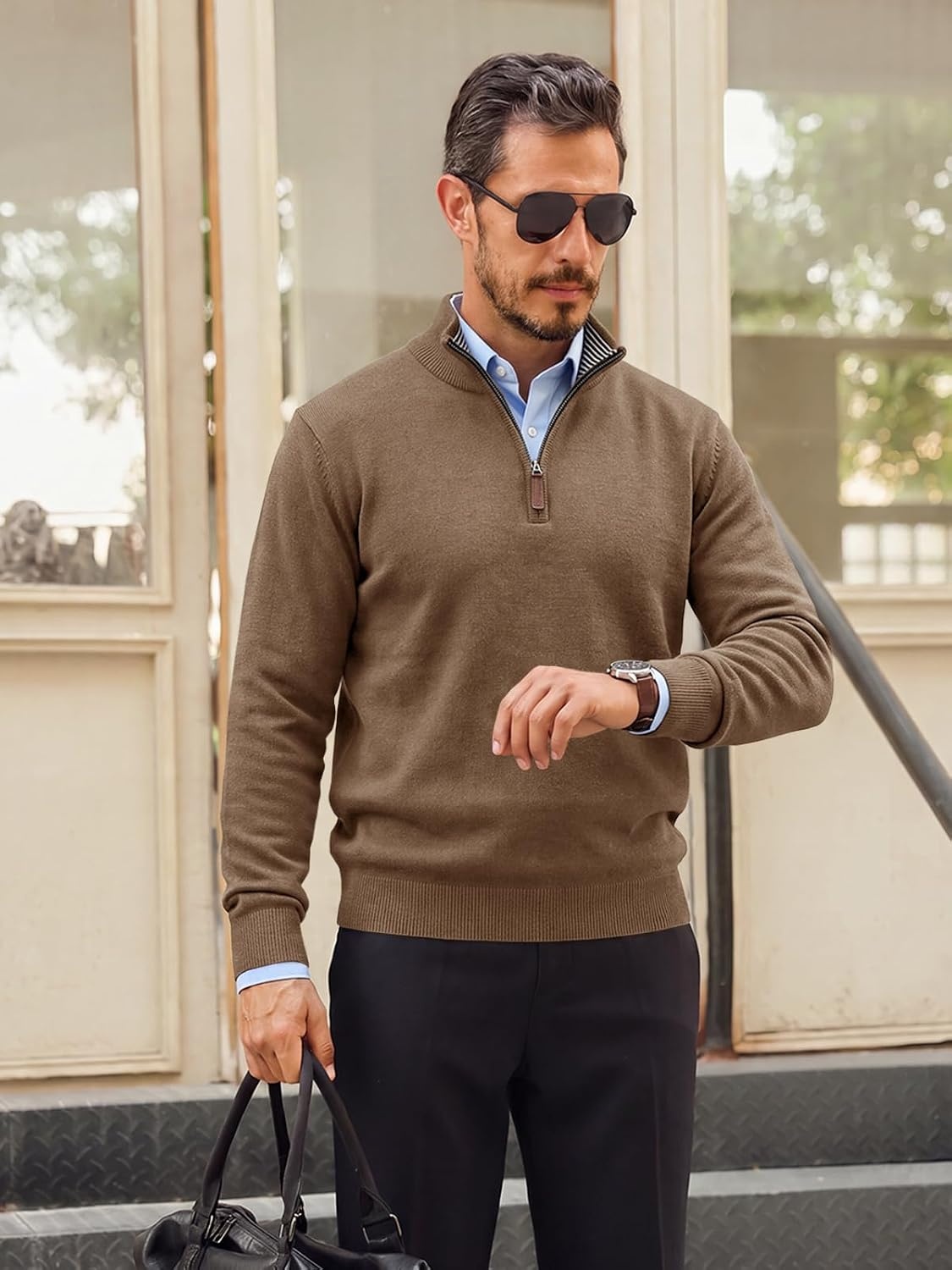 image:imageRuncati Mens Quarter Zip Pullover Sweater Casual Mock Neck Polo SweatersDark Brown