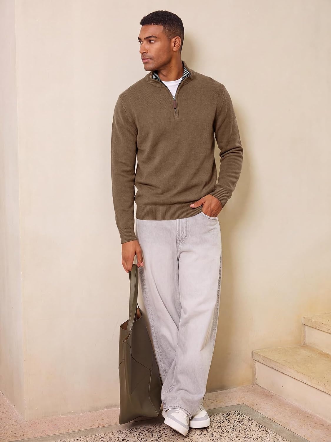 image:imageRuncati Mens Quarter Zip Pullover Sweater Casual Mock Neck Polo SweatersDark Brown