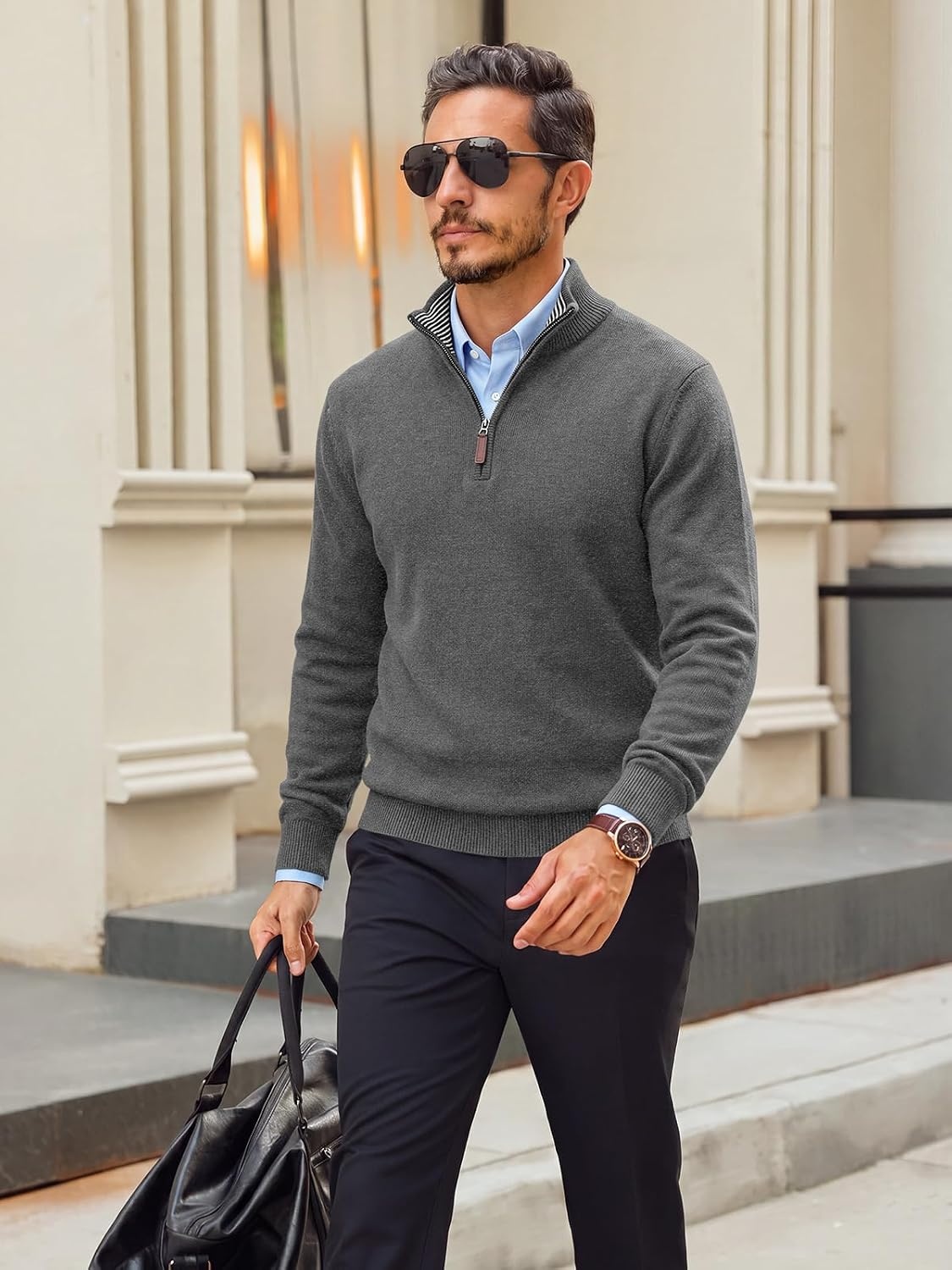 image:imageRuncati Mens Quarter Zip Pullover Sweater Casual Mock Neck Polo SweatersDark Grey