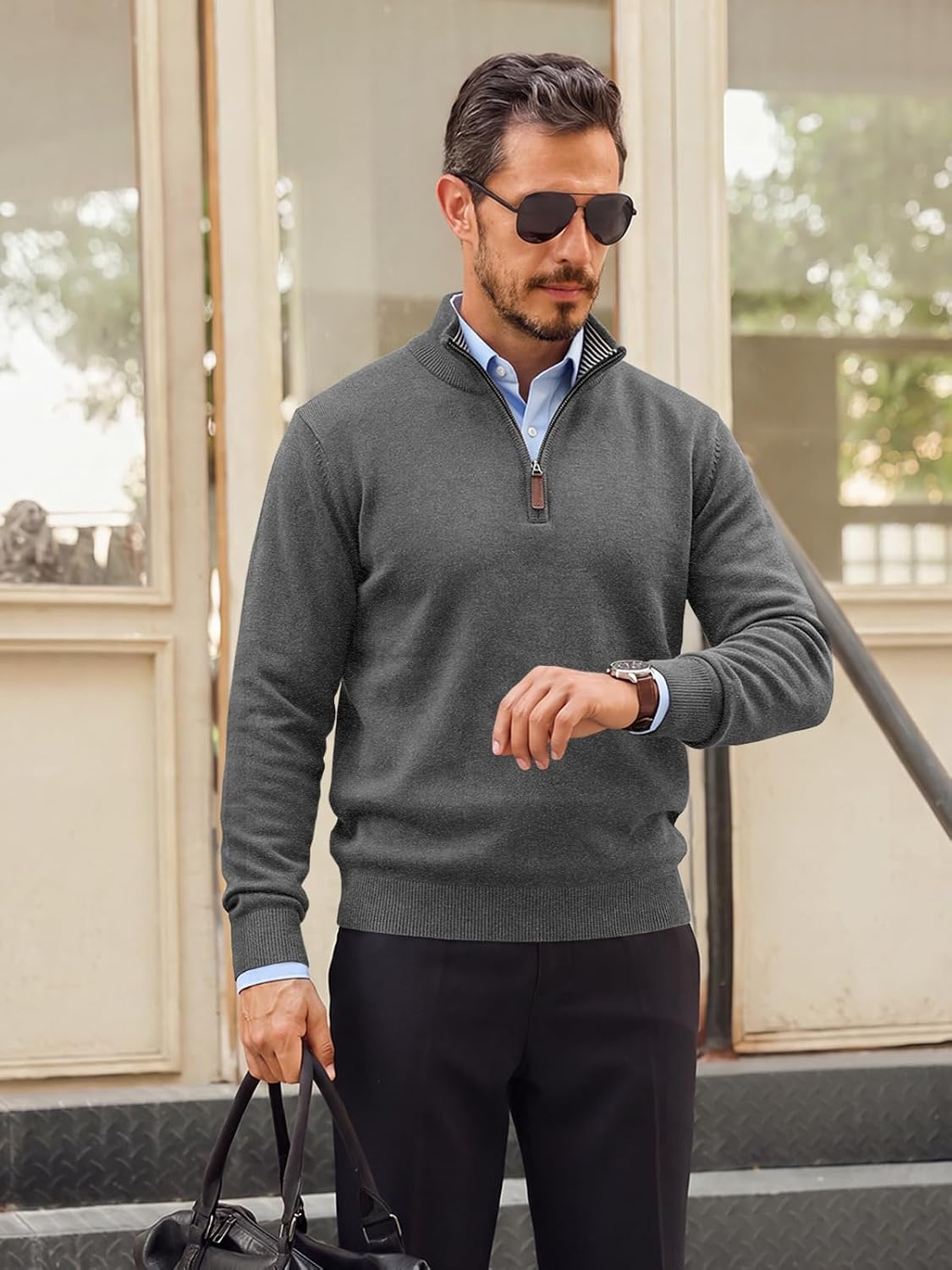 image:imageRuncati Mens Quarter Zip Pullover Sweater Casual Mock Neck Polo SweatersDark Grey