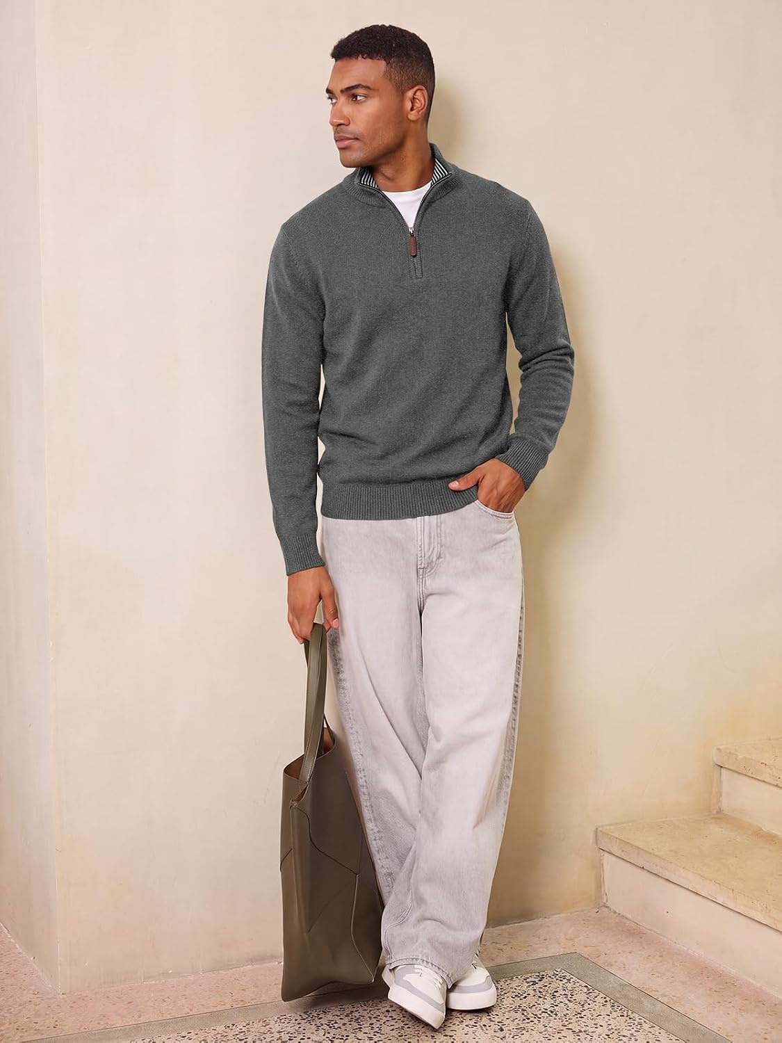 image:imageRuncati Mens Quarter Zip Pullover Sweater Casual Mock Neck Polo SweatersDark Grey