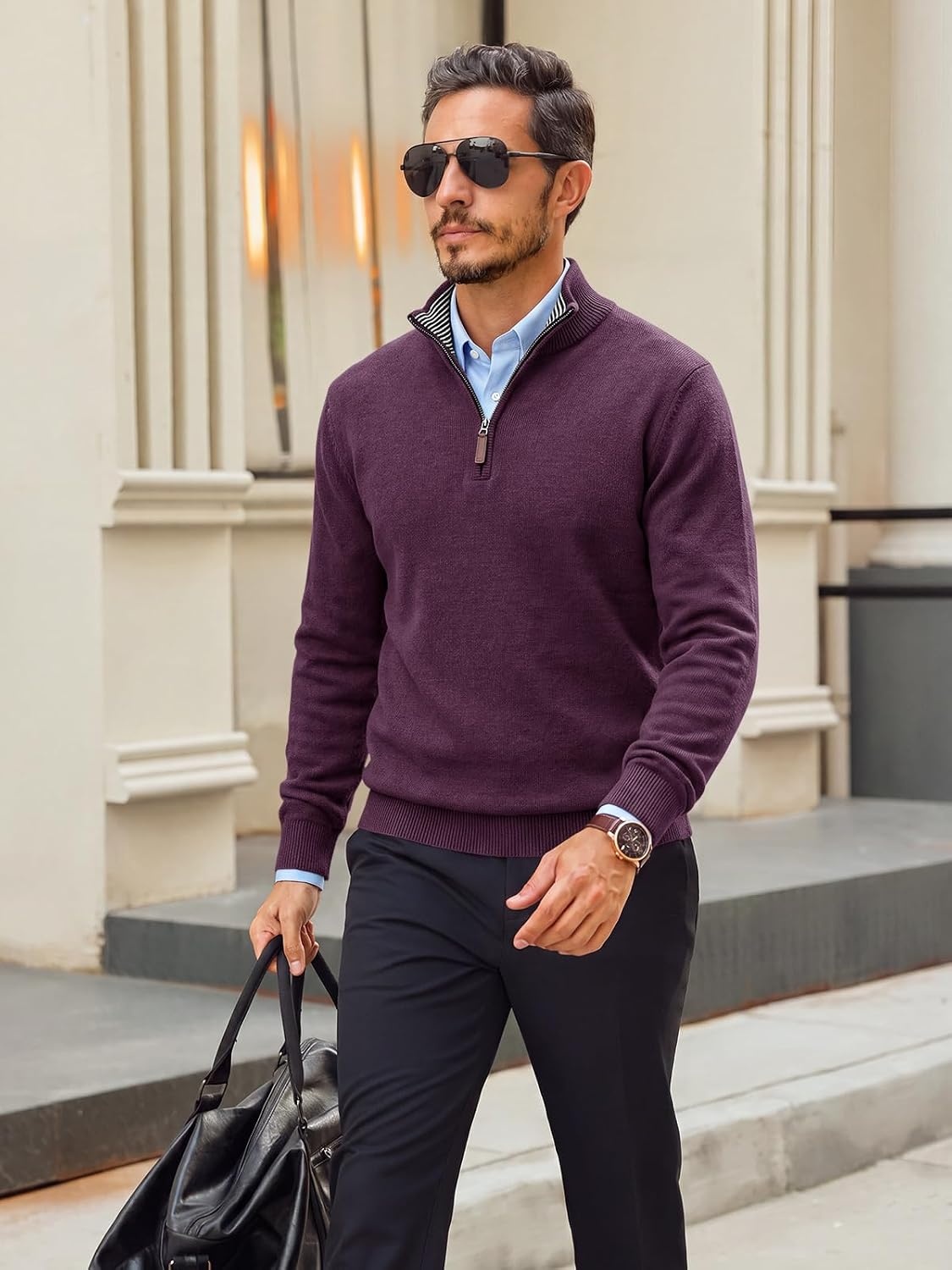 image:imageRuncati Mens Quarter Zip Pullover Sweater Casual Mock Neck Polo SweatersDark Purple