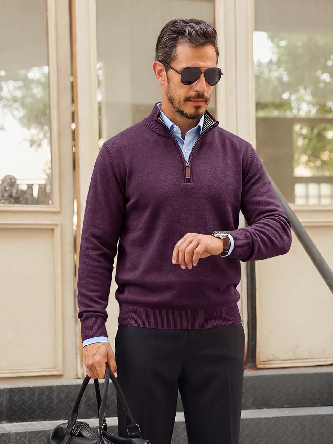 image:imageRuncati Mens Quarter Zip Pullover Sweater Casual Mock Neck Polo SweatersDark Purple