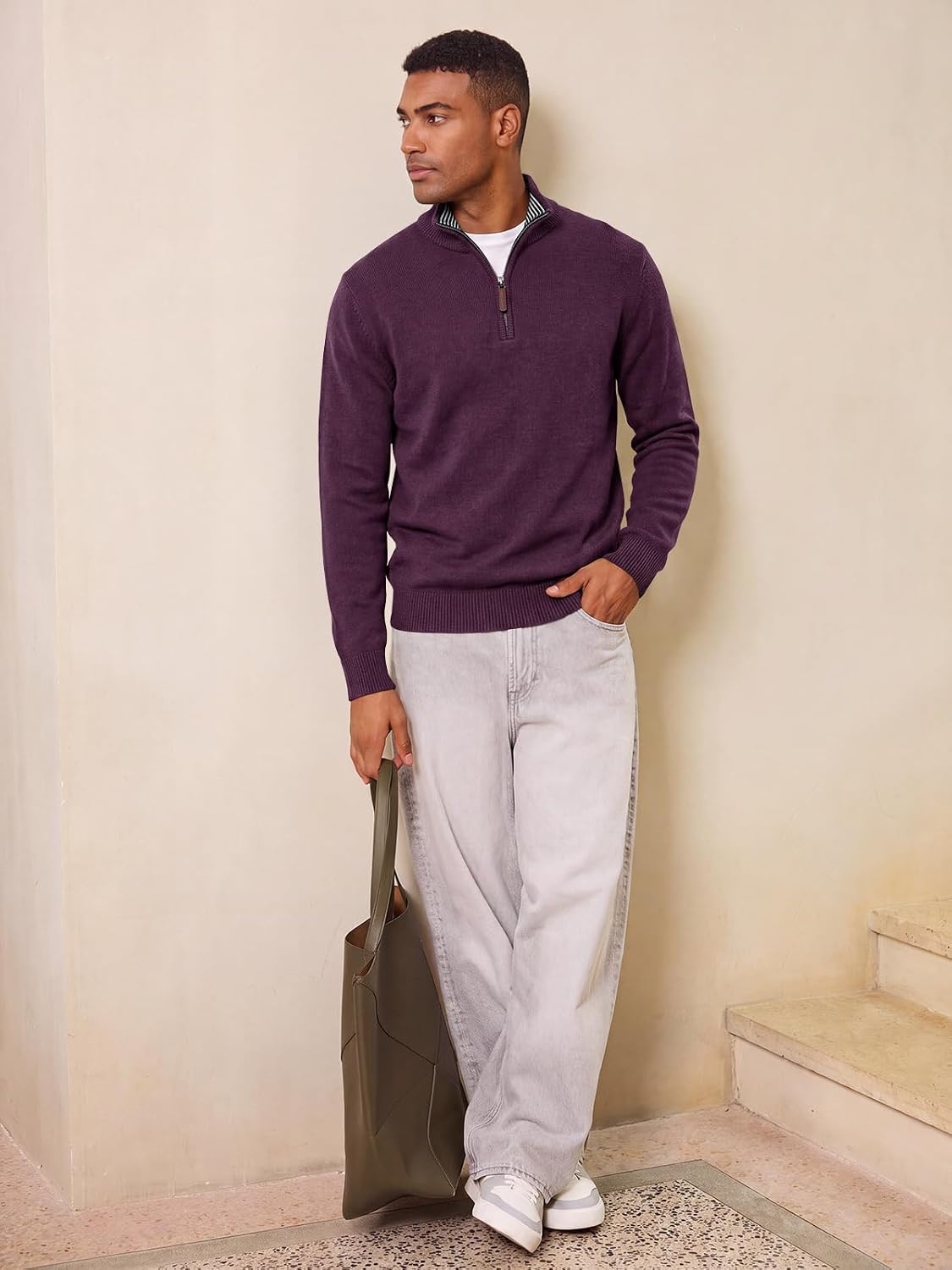 image:imageRuncati Mens Quarter Zip Pullover Sweater Casual Mock Neck Polo SweatersDark Purple