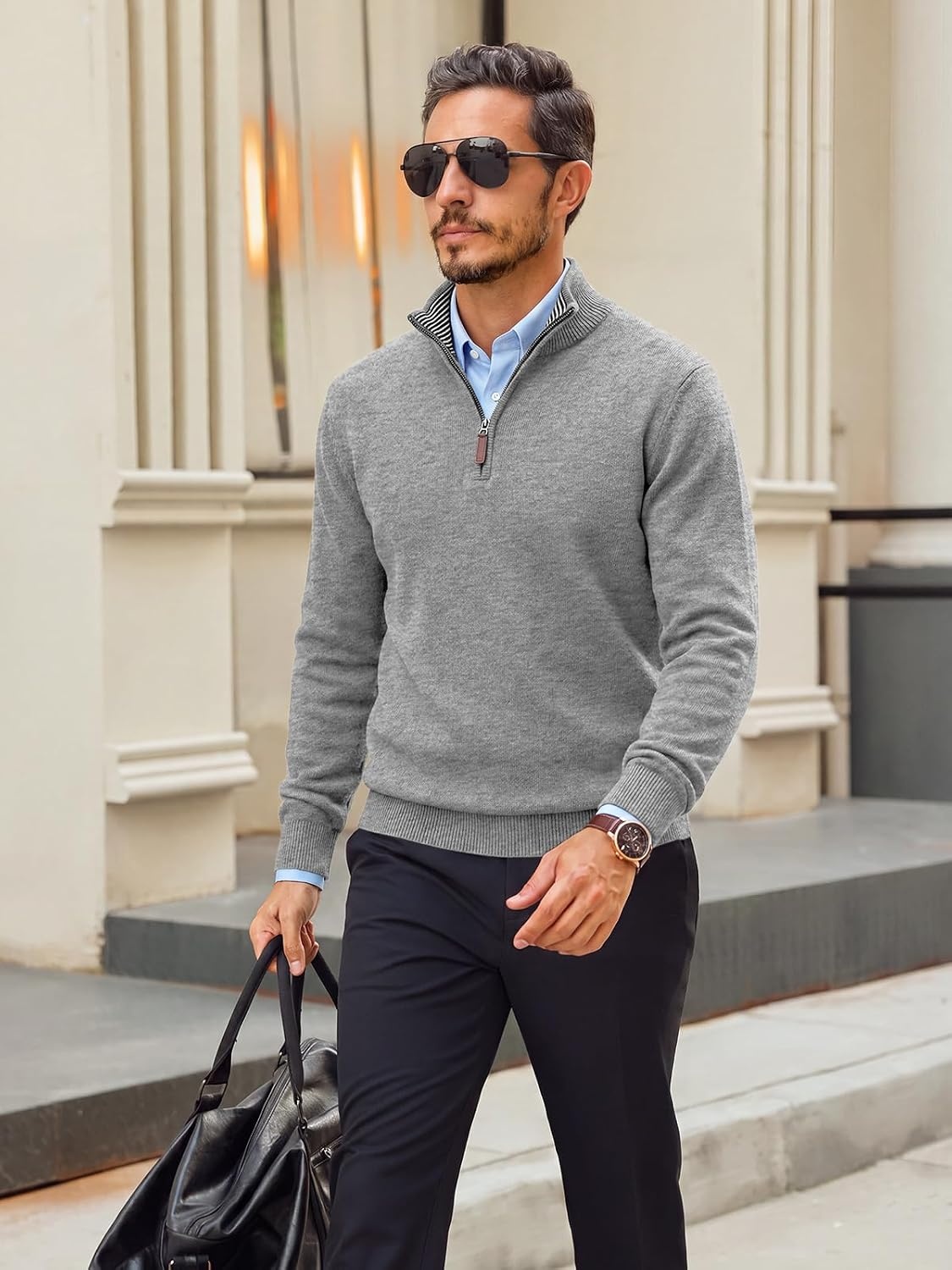 image:imageRuncati Mens Quarter Zip Pullover Sweater Casual Mock Neck Polo SweatersGrey