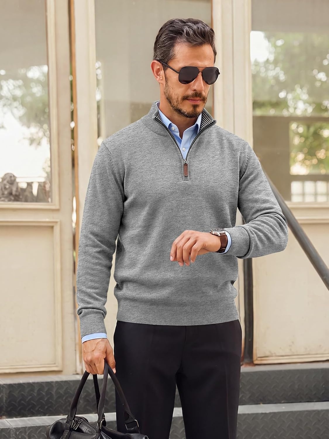 image:imageRuncati Mens Quarter Zip Pullover Sweater Casual Mock Neck Polo SweatersGrey