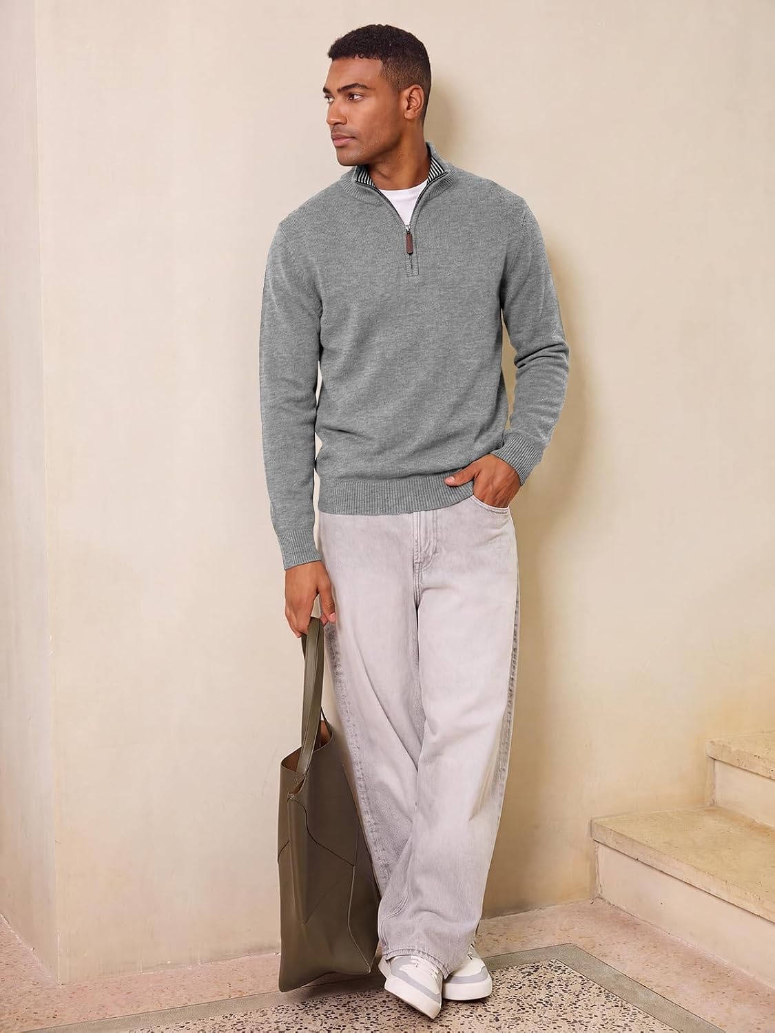 image:imageRuncati Mens Quarter Zip Pullover Sweater Casual Mock Neck Polo SweatersGrey