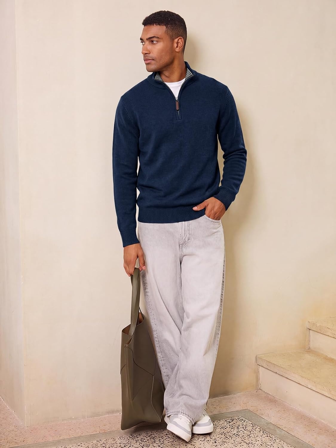 image:imageRuncati Mens Quarter Zip Pullover Sweater Casual Mock Neck Polo SweatersNavy