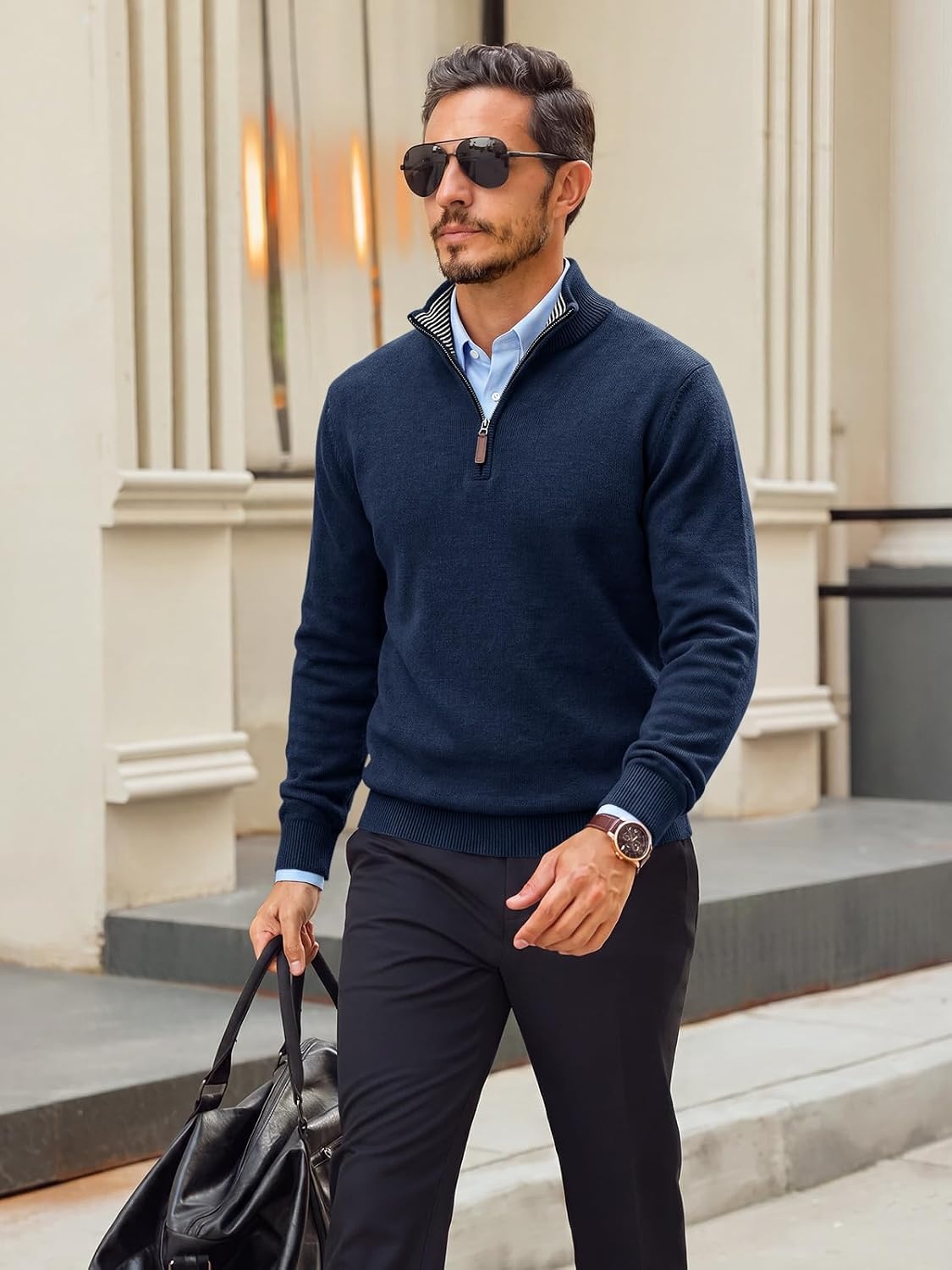 image:imageRuncati Mens Quarter Zip Pullover Sweater Casual Mock Neck Polo SweatersNavy