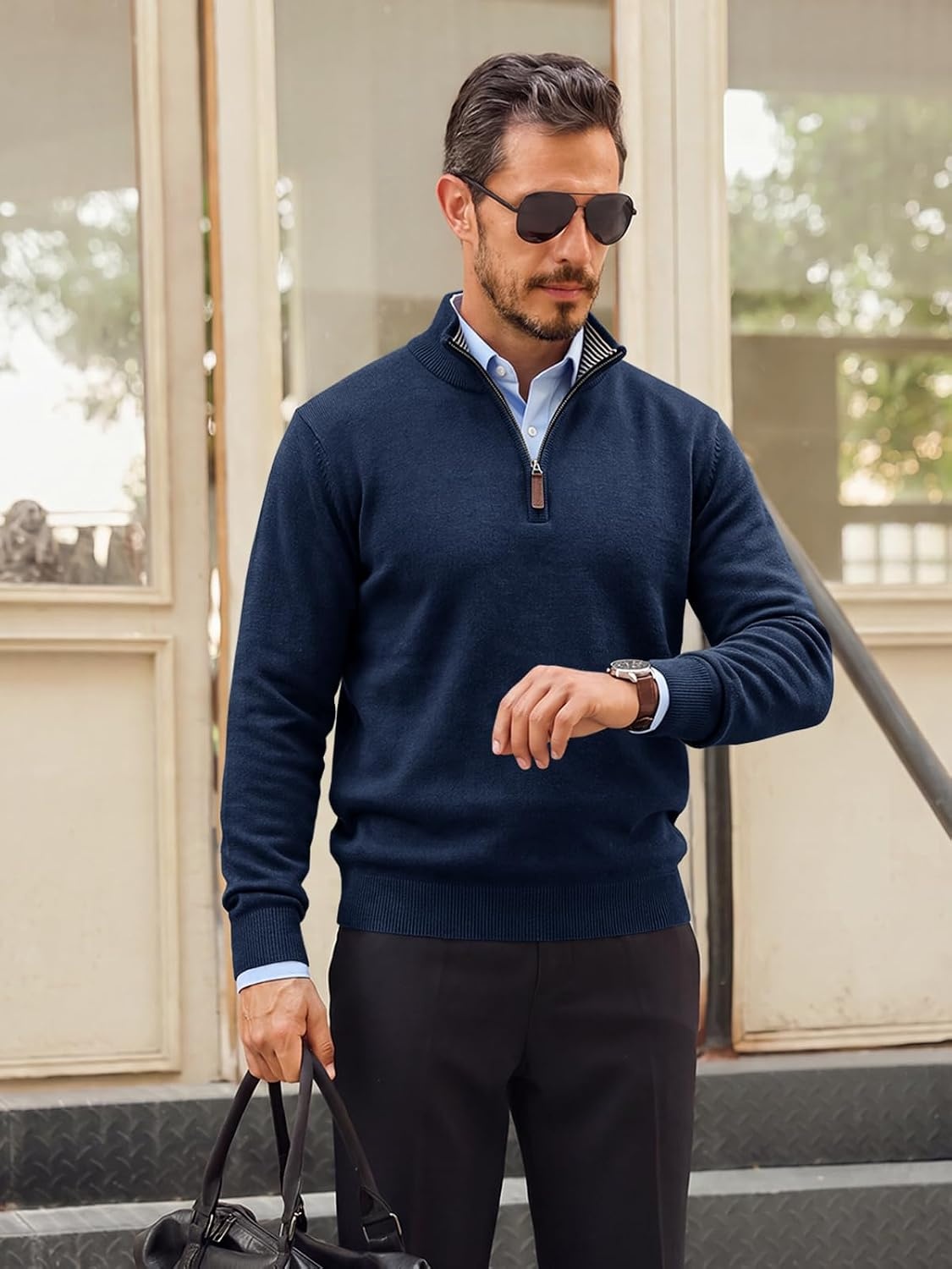 image:imageRuncati Mens Quarter Zip Pullover Sweater Casual Mock Neck Polo SweatersNavy