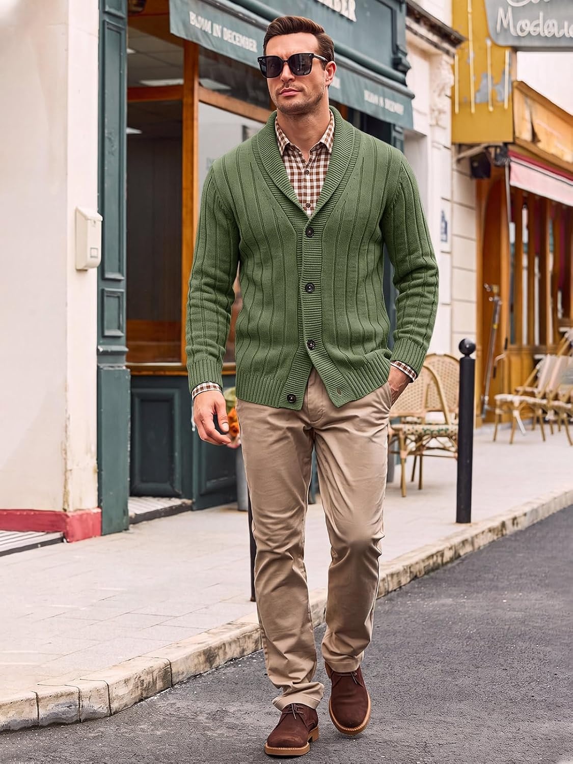 image:imageRuncati Mens Shawl Collar Cardigan Sweater Cable Knit Fall Winter SweatersArmy Green