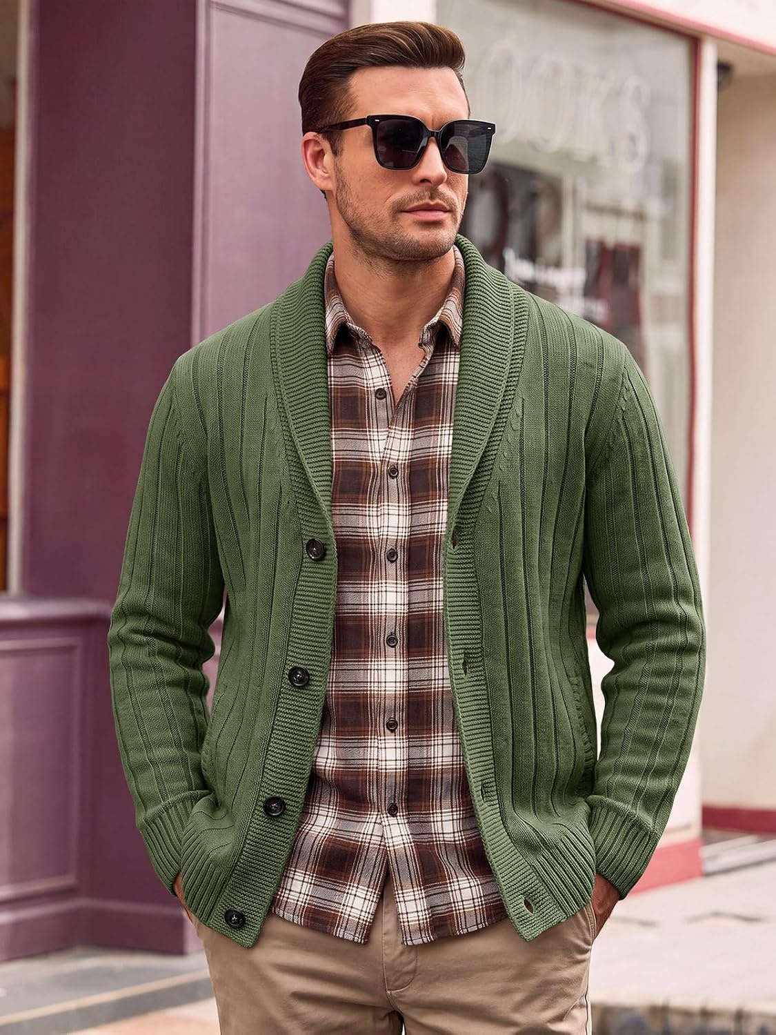 image:imageRuncati Mens Shawl Collar Cardigan Sweater Cable Knit Fall Winter SweatersArmy Green