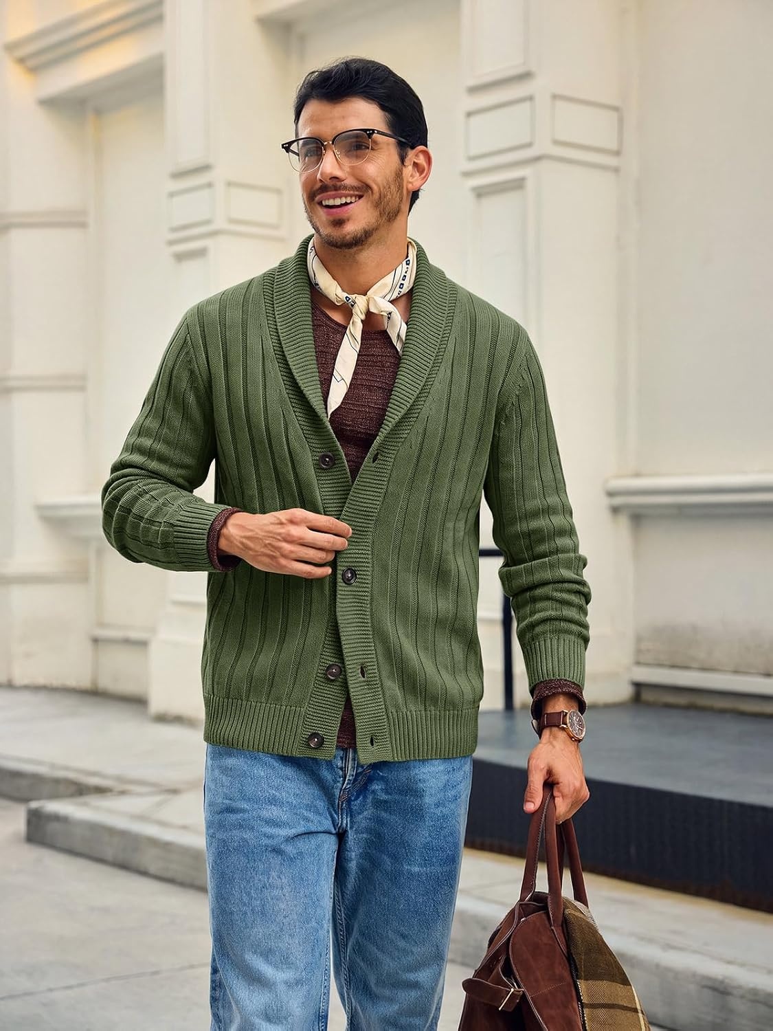 image:imageRuncati Mens Shawl Collar Cardigan Sweater Cable Knit Fall Winter SweatersArmy Green