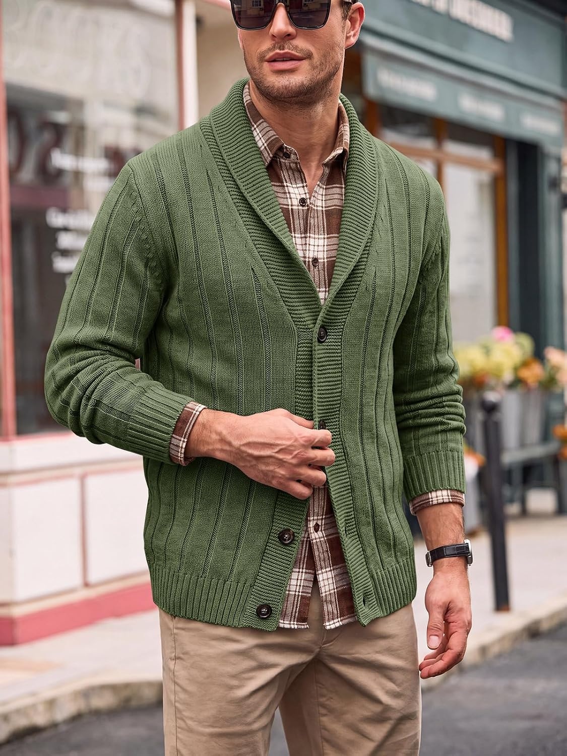 image:imageRuncati Mens Shawl Collar Cardigan Sweater Cable Knit Fall Winter SweatersArmy Green