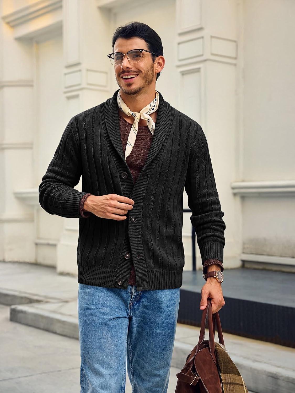 image:imageRuncati Mens Shawl Collar Cardigan Sweater Cable Knit Fall Winter SweatersBlack