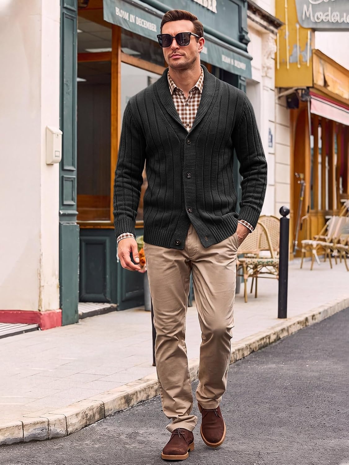 image:imageRuncati Mens Shawl Collar Cardigan Sweater Cable Knit Fall Winter SweatersBlack