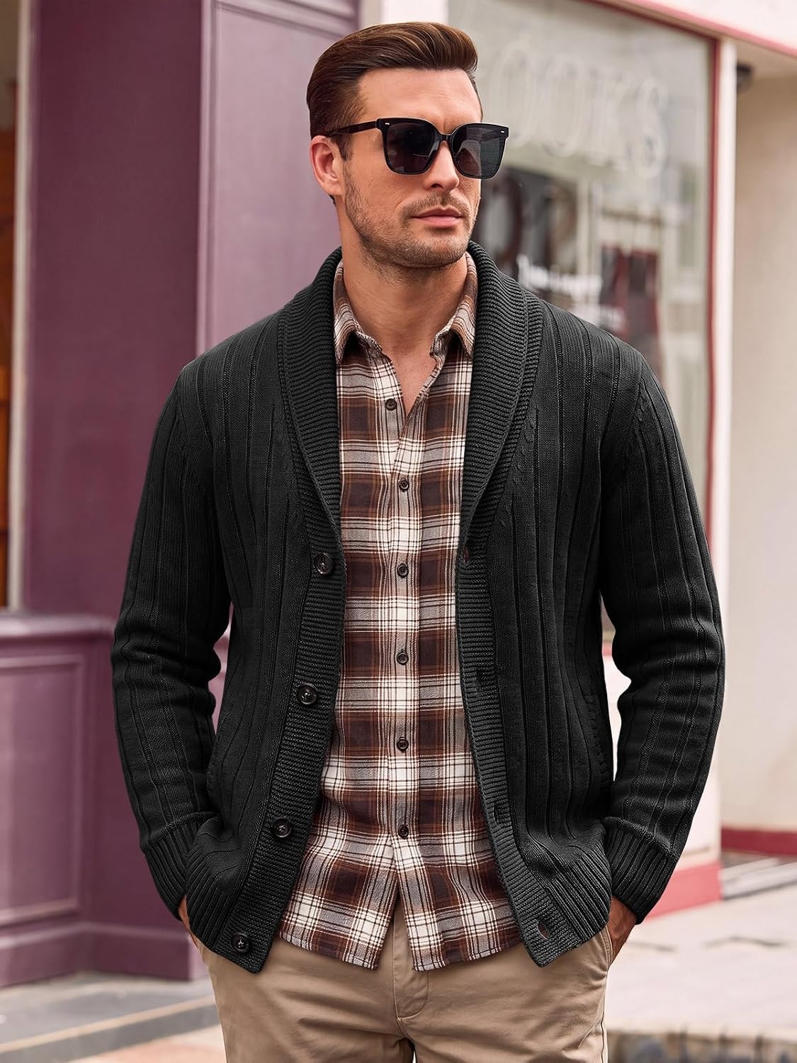 image:imageRuncati Mens Shawl Collar Cardigan Sweater Cable Knit Fall Winter SweatersBlack