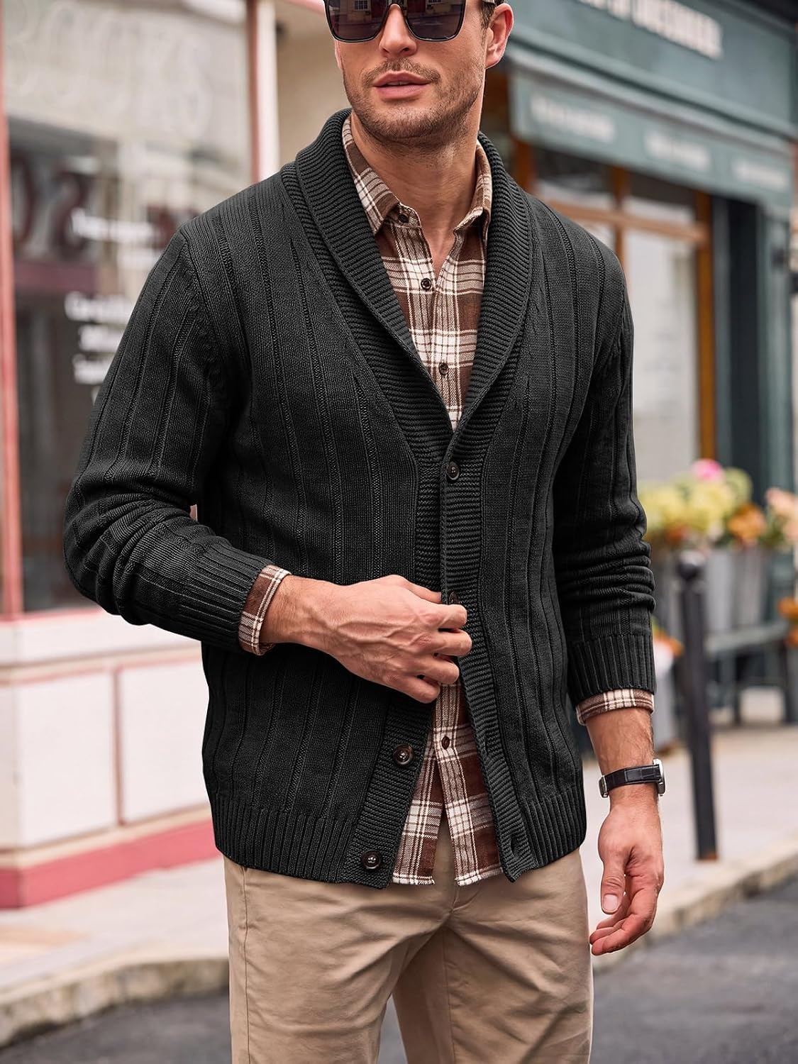 image:imageRuncati Mens Shawl Collar Cardigan Sweater Cable Knit Fall Winter SweatersBlack