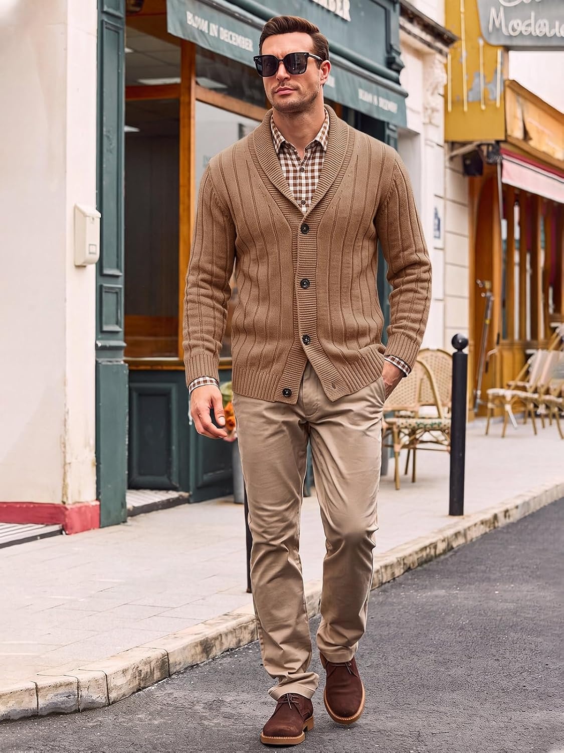 image:imageRuncati Mens Shawl Collar Cardigan Sweater Cable Knit Fall Winter SweatersBrown