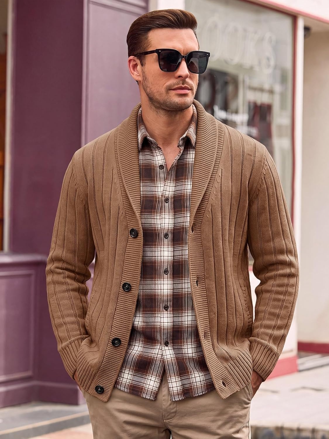 image:imageRuncati Mens Shawl Collar Cardigan Sweater Cable Knit Fall Winter SweatersBrown