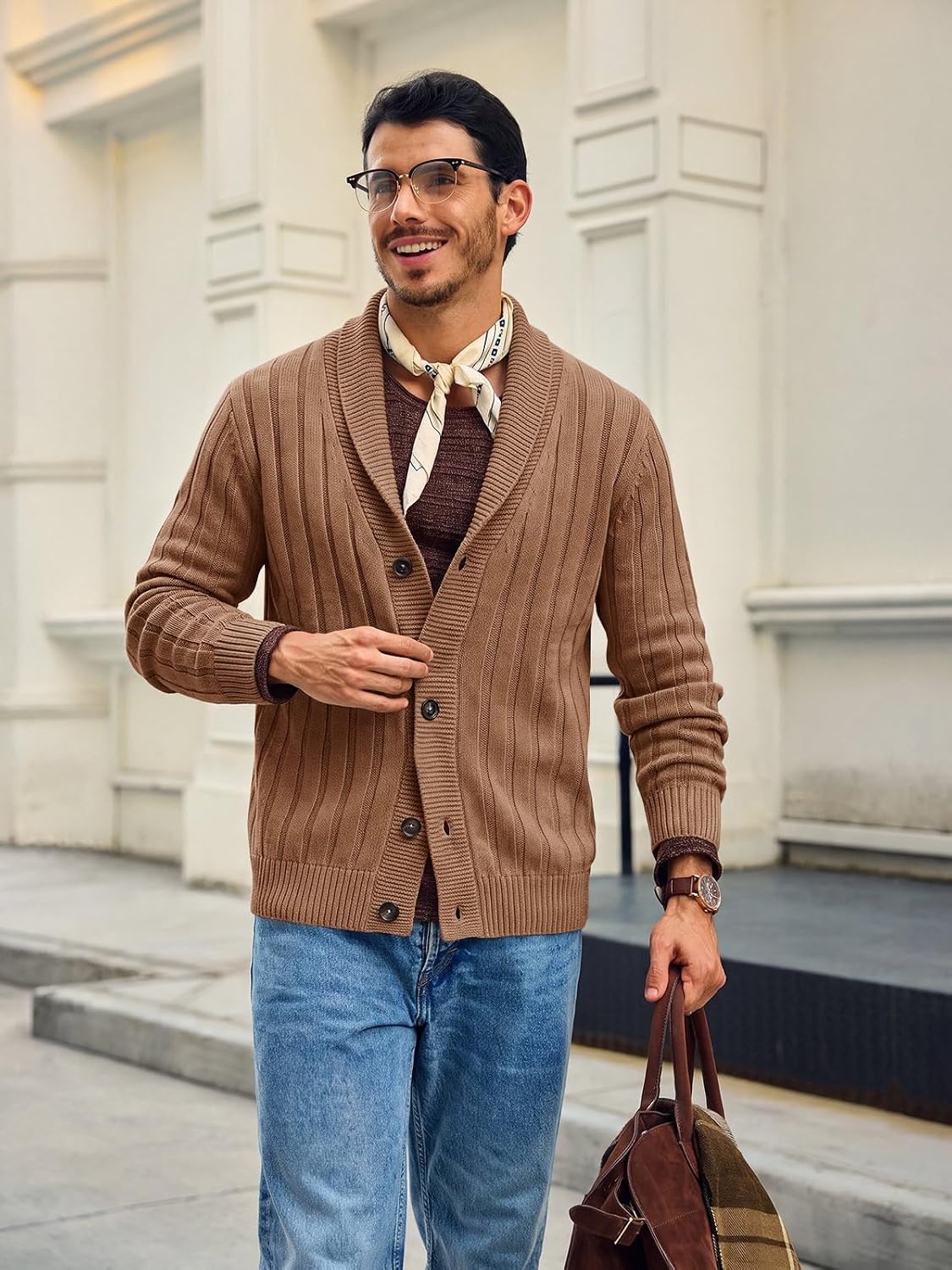 image:imageRuncati Mens Shawl Collar Cardigan Sweater Cable Knit Fall Winter SweatersBrown